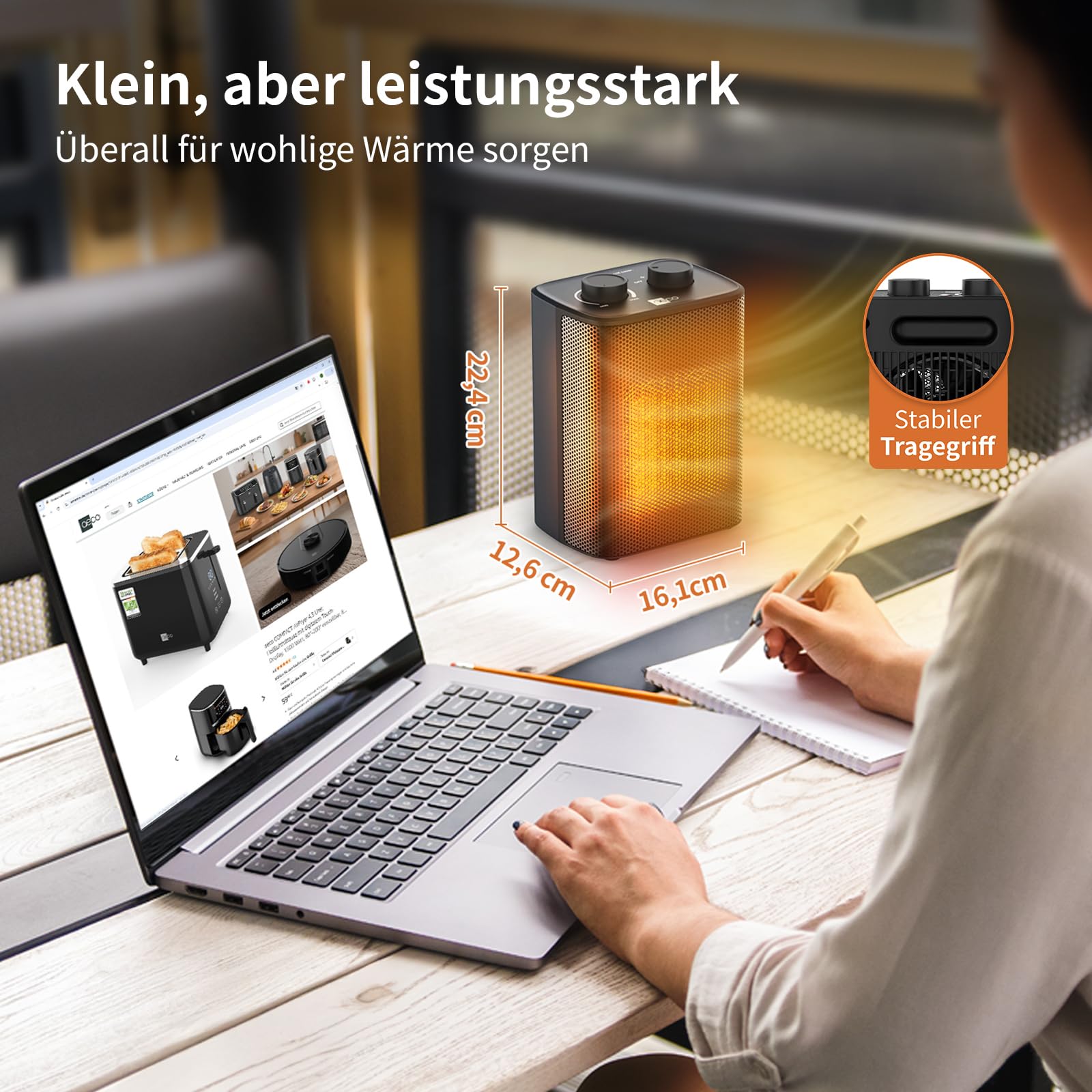 aeco EcoHeat One Heizlüfter klein 2000W energiesparend 3 Heizstufen Elektroheizung PTC Keramik Thermostat Überhitzungs- & Kippschutz Ventilatorfunktion mini camping Heater Kompakter Heim Heizung