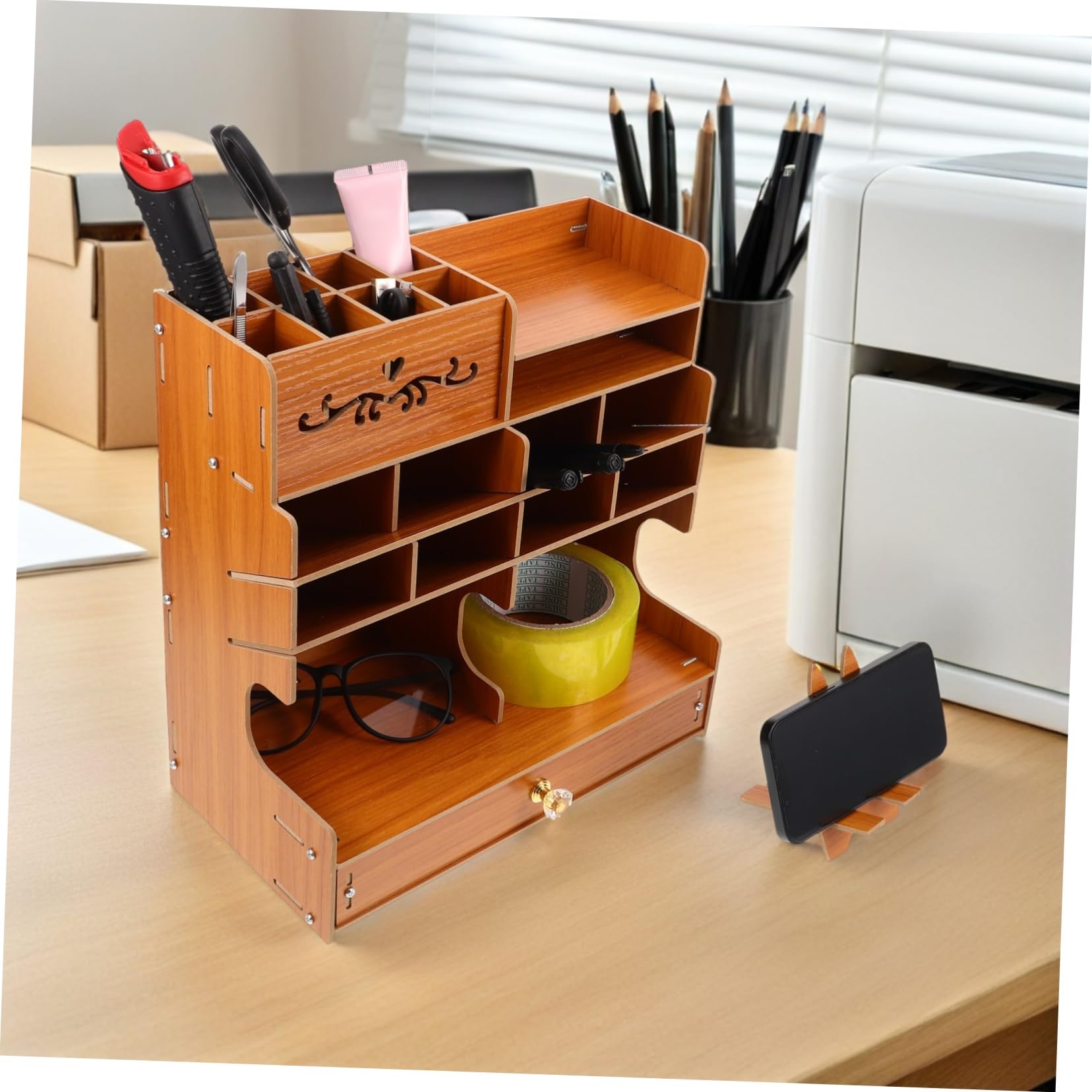 NOLITOY Organizer Scrivania in con Capacità Portapenne con Scomparti Multipli per Ufficio Base Stabile e Finitura Naturale Elegante