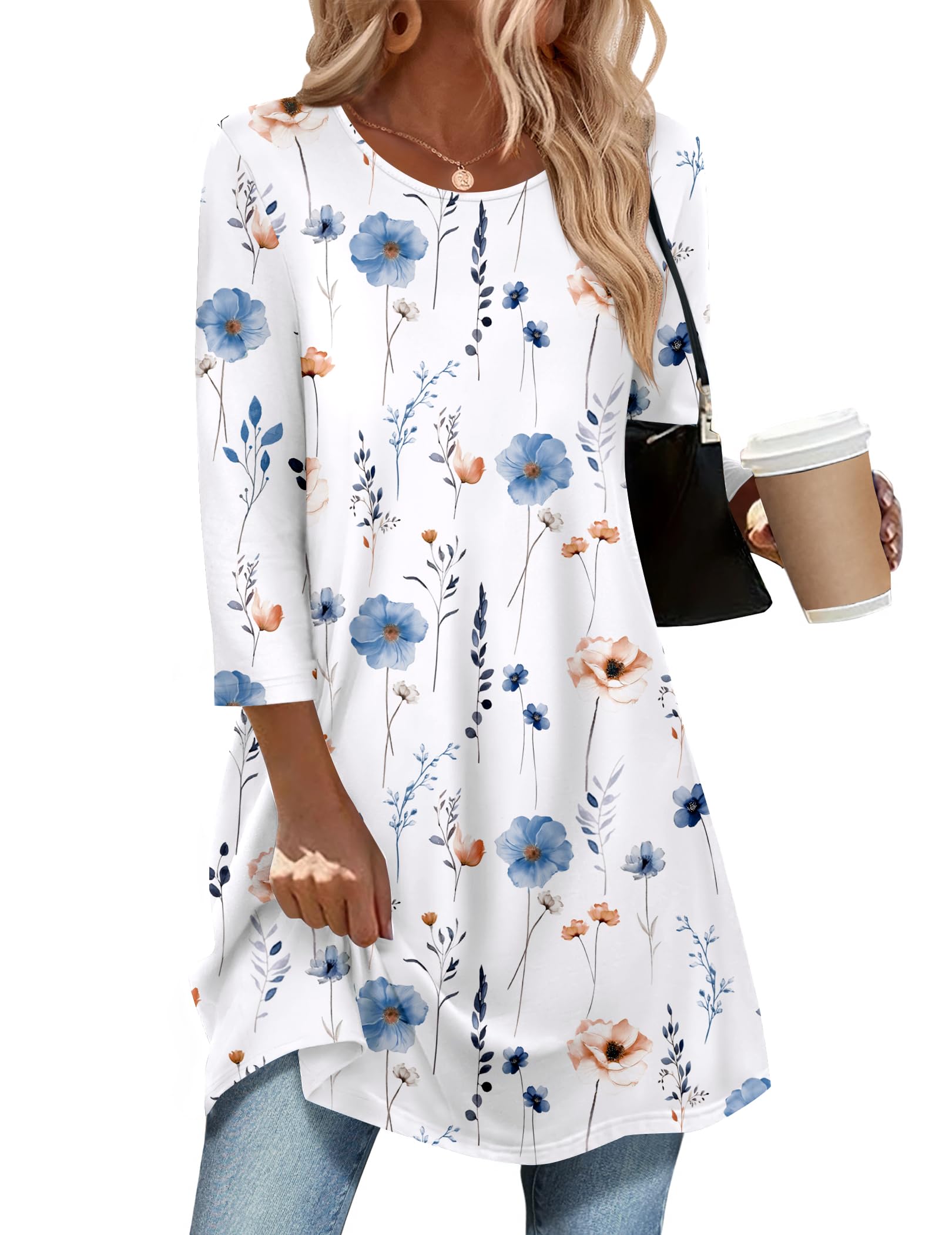 Zeagoo Women Tops 3 4 Sleeve Dressy Casual Plus Size Tunics to Wear with Leggings Swing Flare T-Shirt