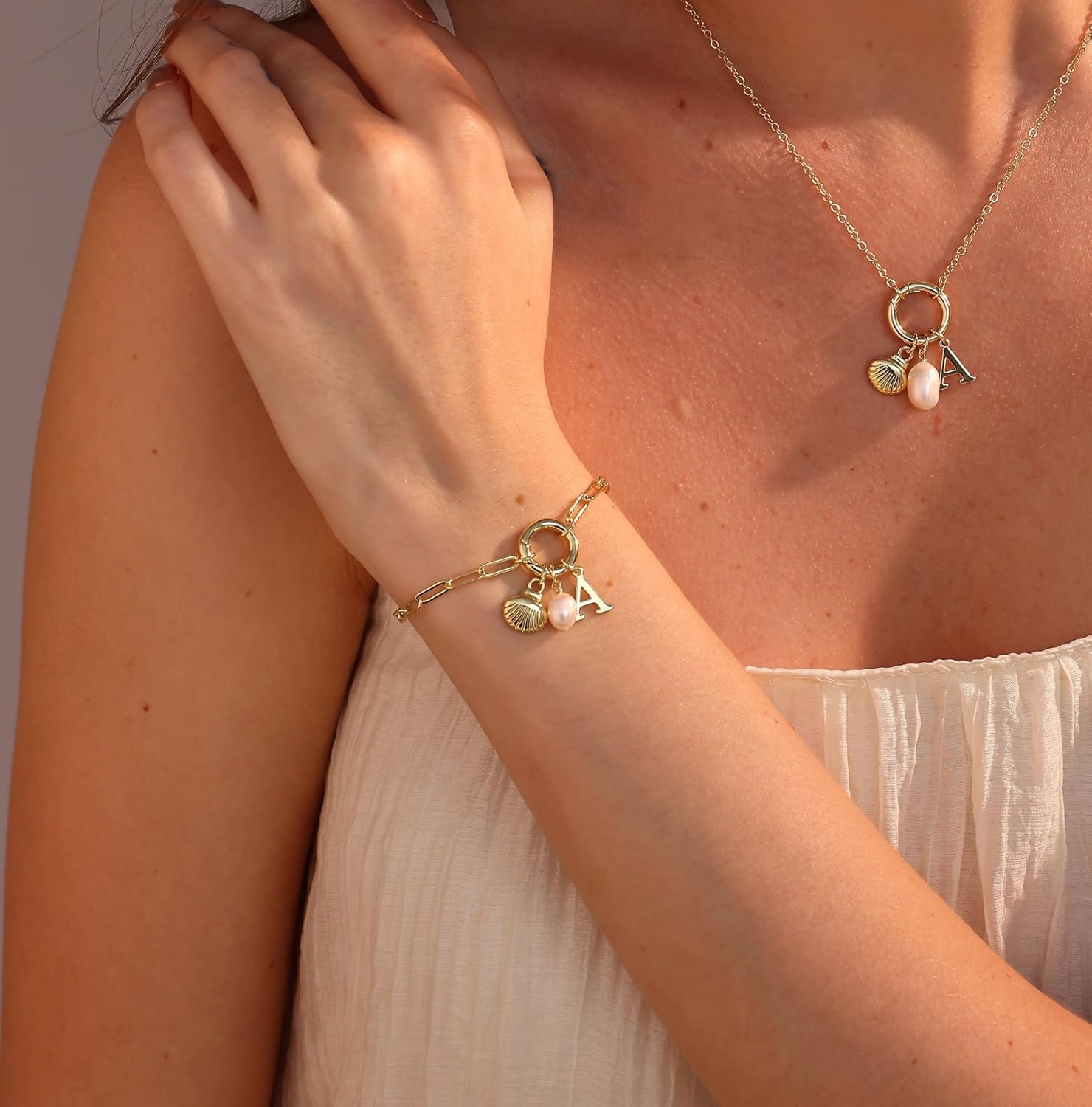 Charm Bracelets for Women - Gold Shell & Pearl Bracelets with Initial & Letter Charms - Image 7