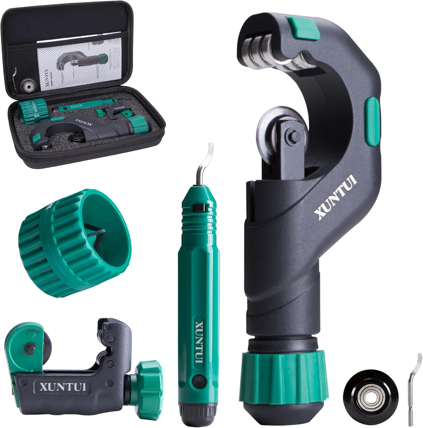 4-in-1 Pipe Cutter Set: 3/16"-1 1/2" NPS (2" OD) & Mini 1/8"-7/8" Cutter for Copper & Thin-Wall Stainless Steel, 6-Roller Bearing, Includes Deburrer, Reamer & Spare Blades