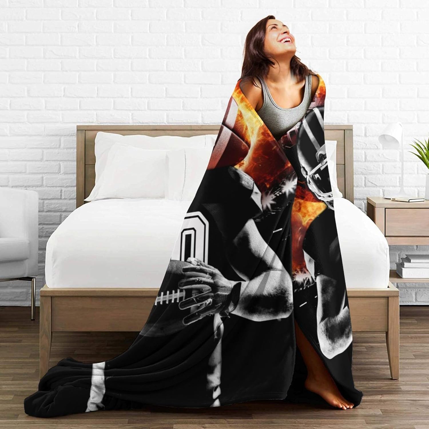 Custom Football Blanket with Name No. for Women Men, Personalized Cool Football Themed Design Printed Throw Blankets for Teens Adults Couch Bed, Giftable Blanket, 60"x 80"