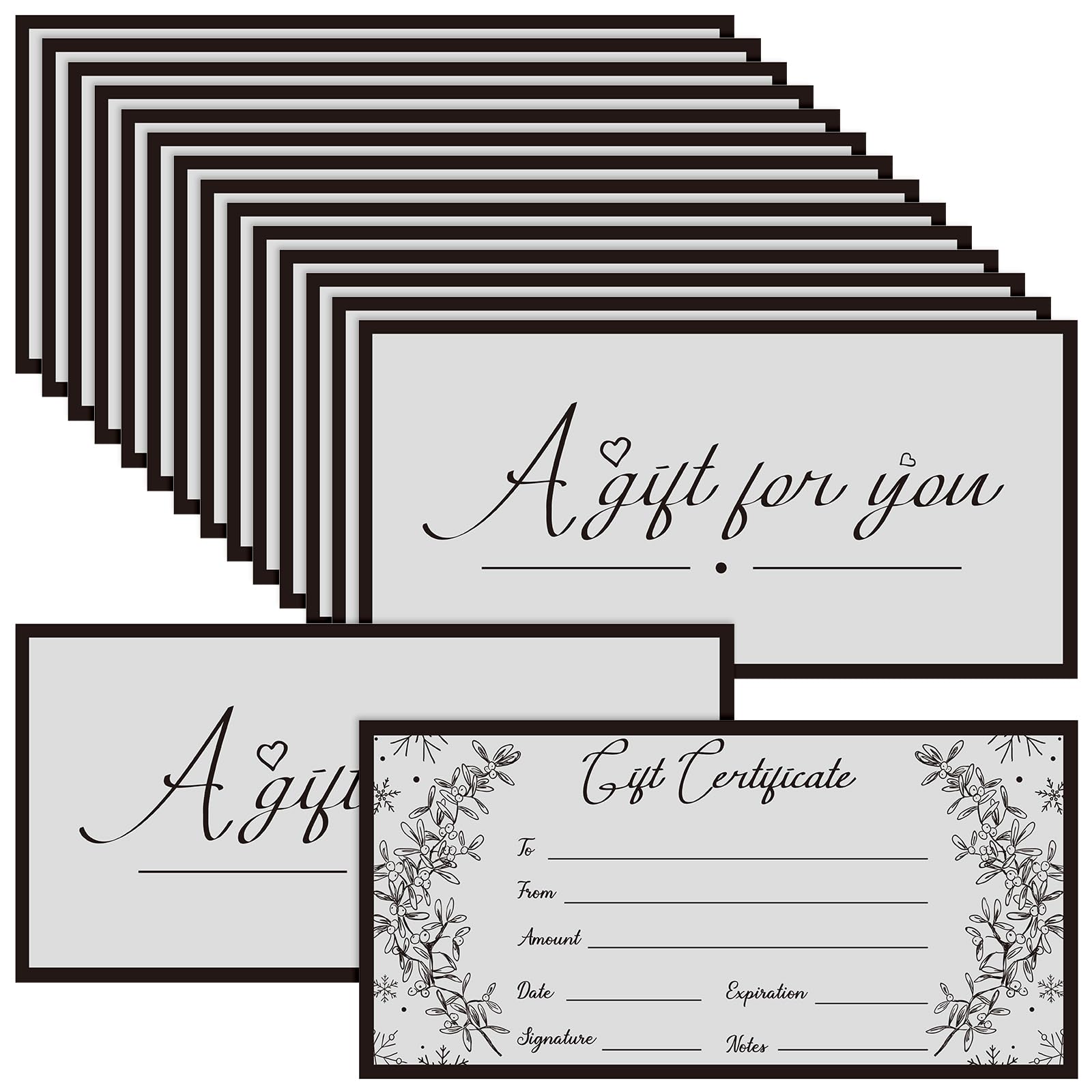 Spiareal 50 Pcs Blank Gift Certificates for Small Businesses 3.75 x 7.5 Inches Double Sided Kraft Black Foil Certificate Cards Paper Vouchers for Hair Salons Spa Restaurants(Grey)