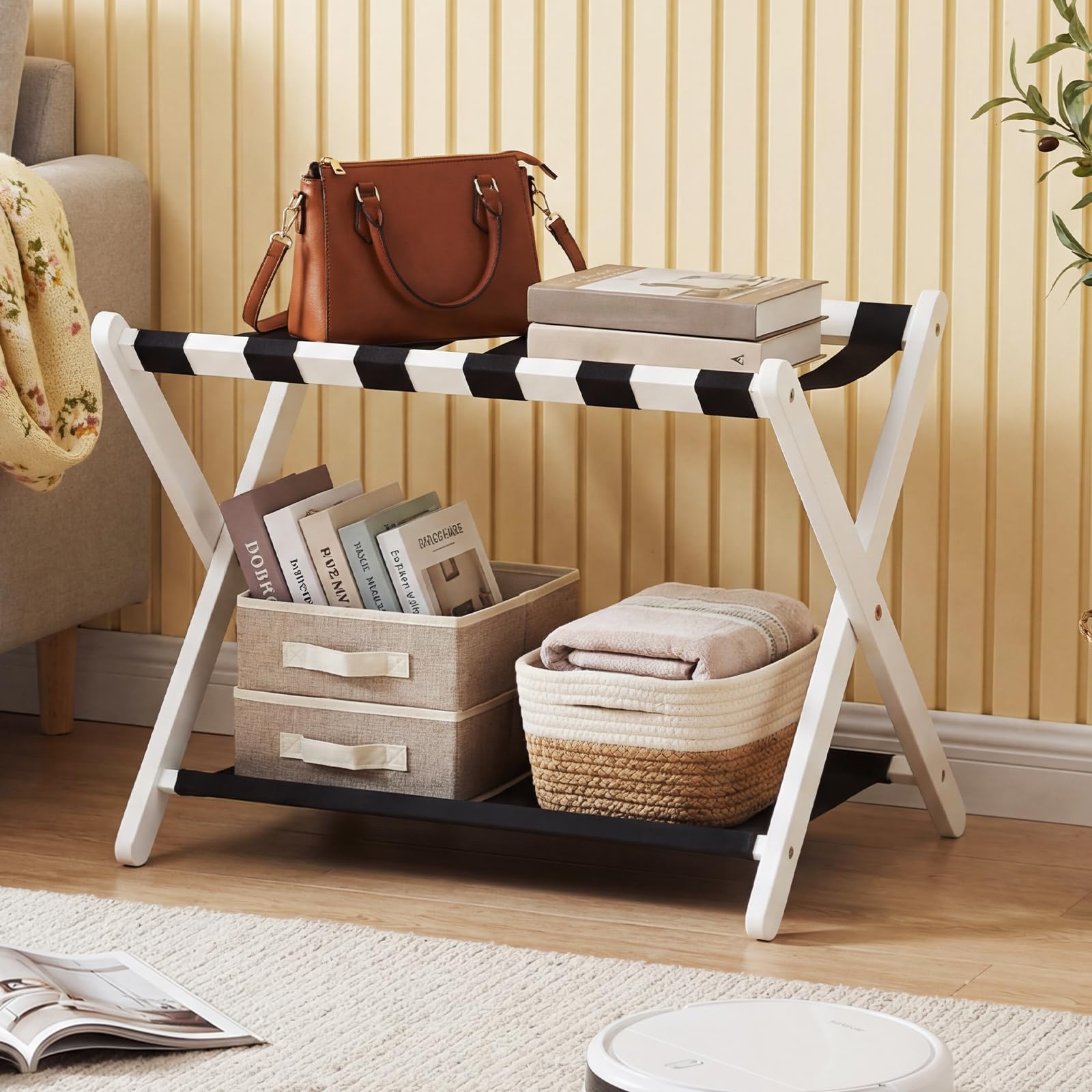 COSTWAY Portavaligie Pieghevole, Porta Valigie con Struttura in Legno Massello, Portapacchi a 2 Ripiani per Hotel e Viaggio, Portata 60 kg (1 pz,Bianco)