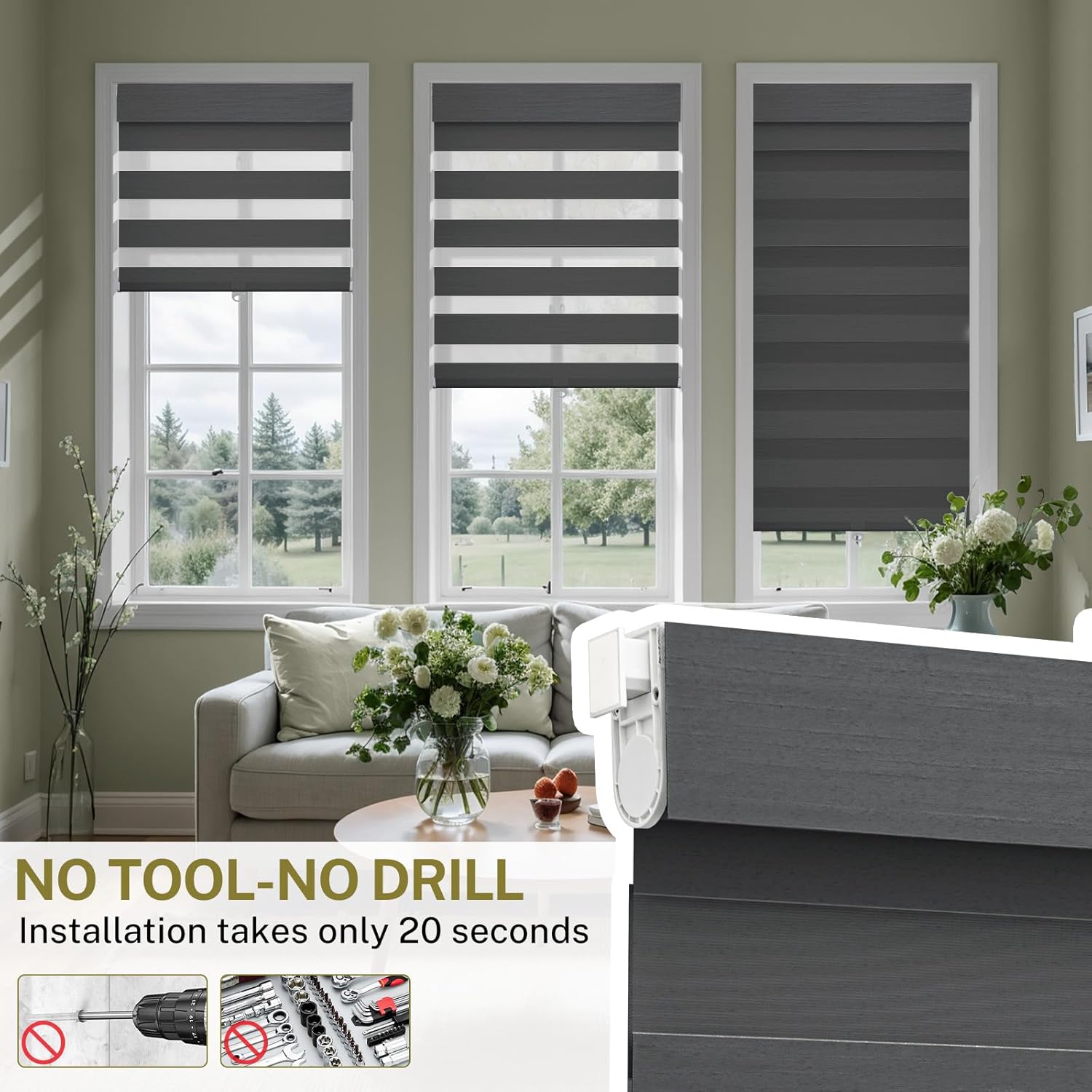 No Tools No Drill Zebra Blinds for Indoor Windows Cordless Blackout Zebra Window Shades with Valance, Dual Layer Privacy Zebra Roller Shades for Home Office, Black, Custom Size