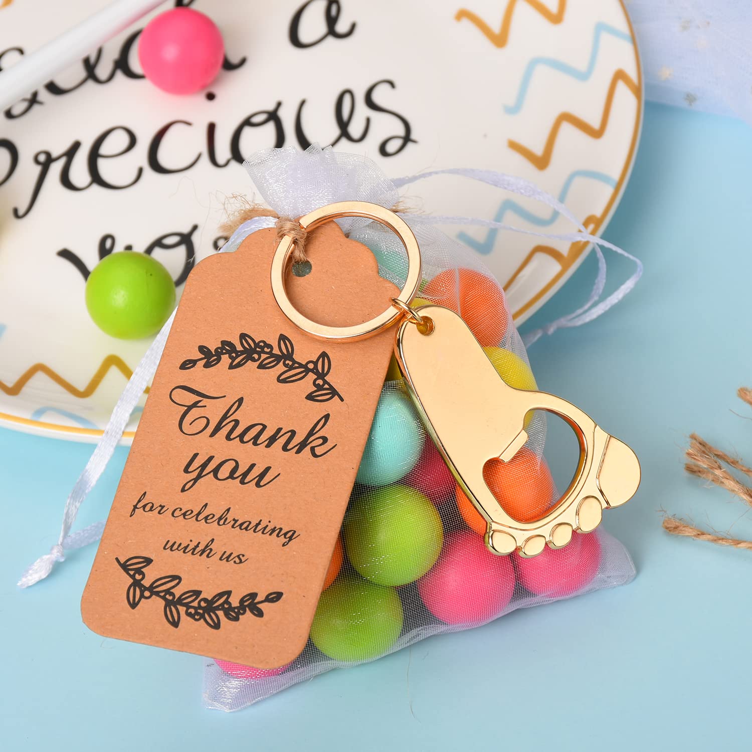 Lot 24 Porte-Clés Décapsuleur Empreinte Pied Bébé Métal - Cadeaux Fête Prénatale, Baptême, Baby Shower Avec Sacs Organza