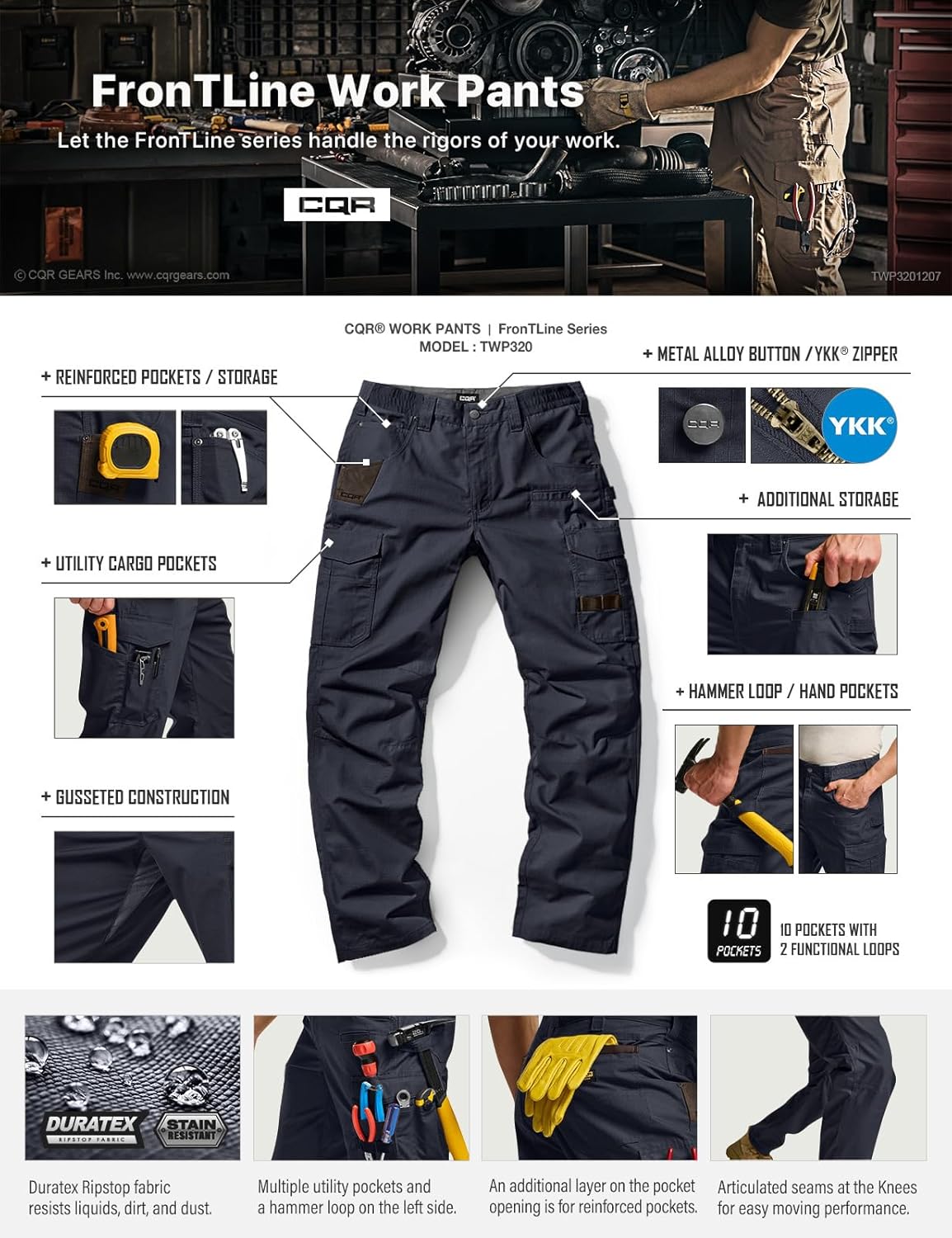 CQR Men's Quick Dry Work Pants, Water Resistant Outdoor Tactical Pants, Lightweight Stretch Cargo Hiking Pants - Image 7