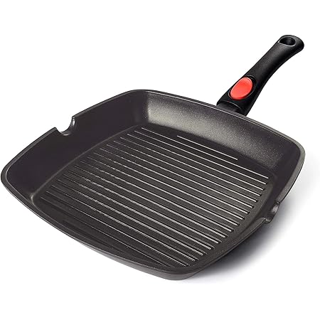 AIGLEFEU 28x28 cm Grillpfanne Induktion mit Ausguss und Abnehmbarem Griff, PFOA-freie Antihaft Aluminiumguss Steakpfanne，kann auf Einer Induktionsbasis von weniger als Ø 16,2 cm verwendet Werden