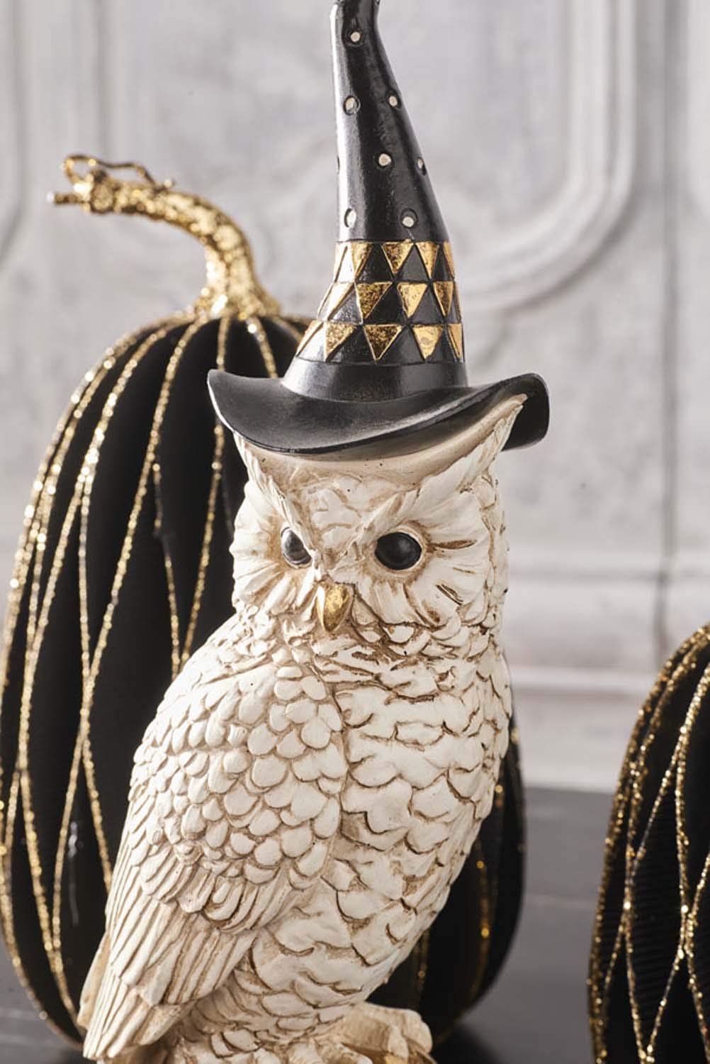 K&K Interiors 41099A 14 Inch Owl with Witch Hat On Gold Jack O