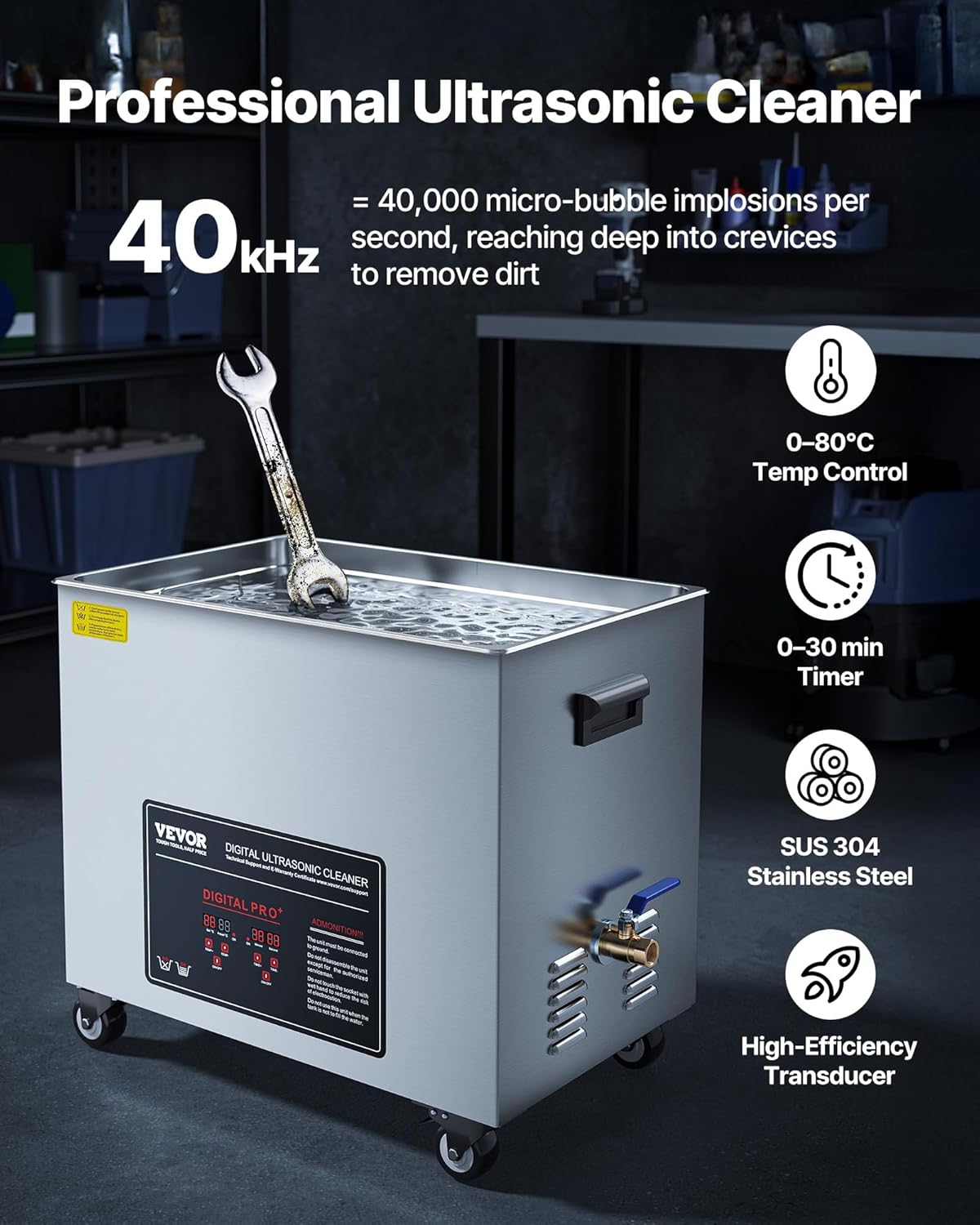VEVOR 50L Ultrasonic Cleaner, Professional Ultrasonic Cleaner Machine with Cleaning Basket & Digital Display, 840W Stainless Steel Large Cleaning Machine with Wheels for Industrial Parts, Carburetors