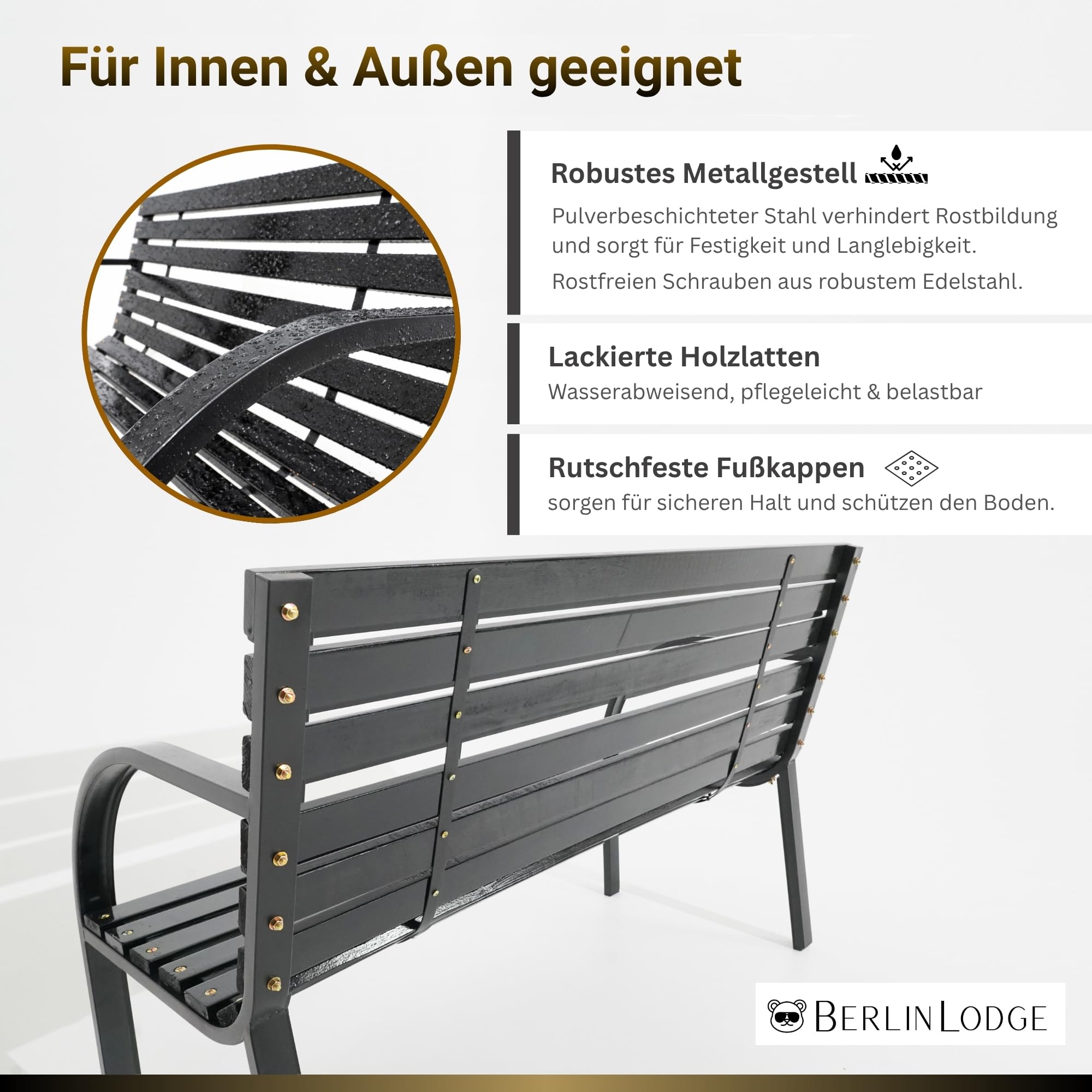 Berlinlodge Gartenbank Santorini Holz & Metall 2-Sitzer, wetterfest, rustikal & massiv, 82 x 120 x 58 cm, Schwarz, Balkonbank, Holzbank, Wintergarten Gartenmöbel, Sitzbank, Garten Balkon & Terrasse