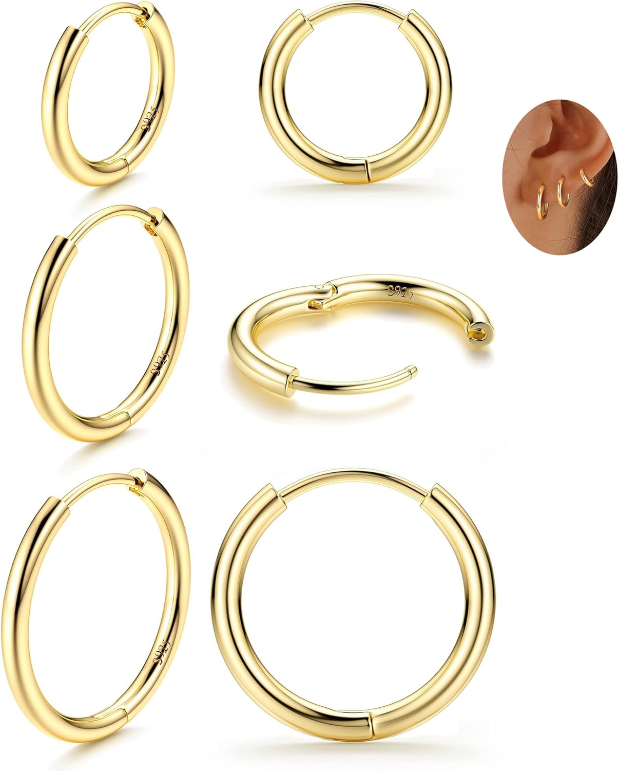 3 Pairs 925 Sterling Silver Hoop Earrings for Women Men Lightweight Small Helix Cartilage Hinged Hoop Earrings 18K White Gold Plated Huggie Hoop Earrings Set 6mm 8mm 10mm 12mm