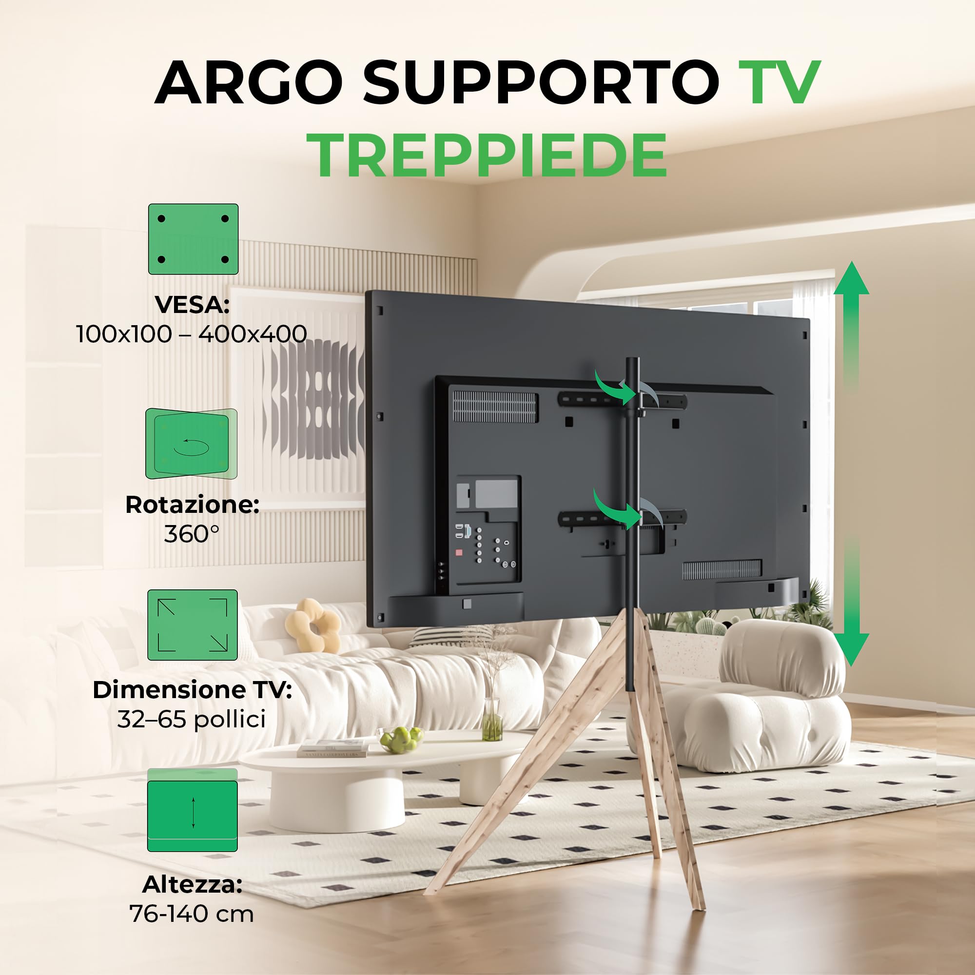 Argo - Supporto per TV Tripod, altezza fino a 140 cm, girevole a 360 gradi, per TV da 32 a 65 pollici, fino a 40 kg, max. VESA 400 x 400 mm, base TV in rovere invecchiato