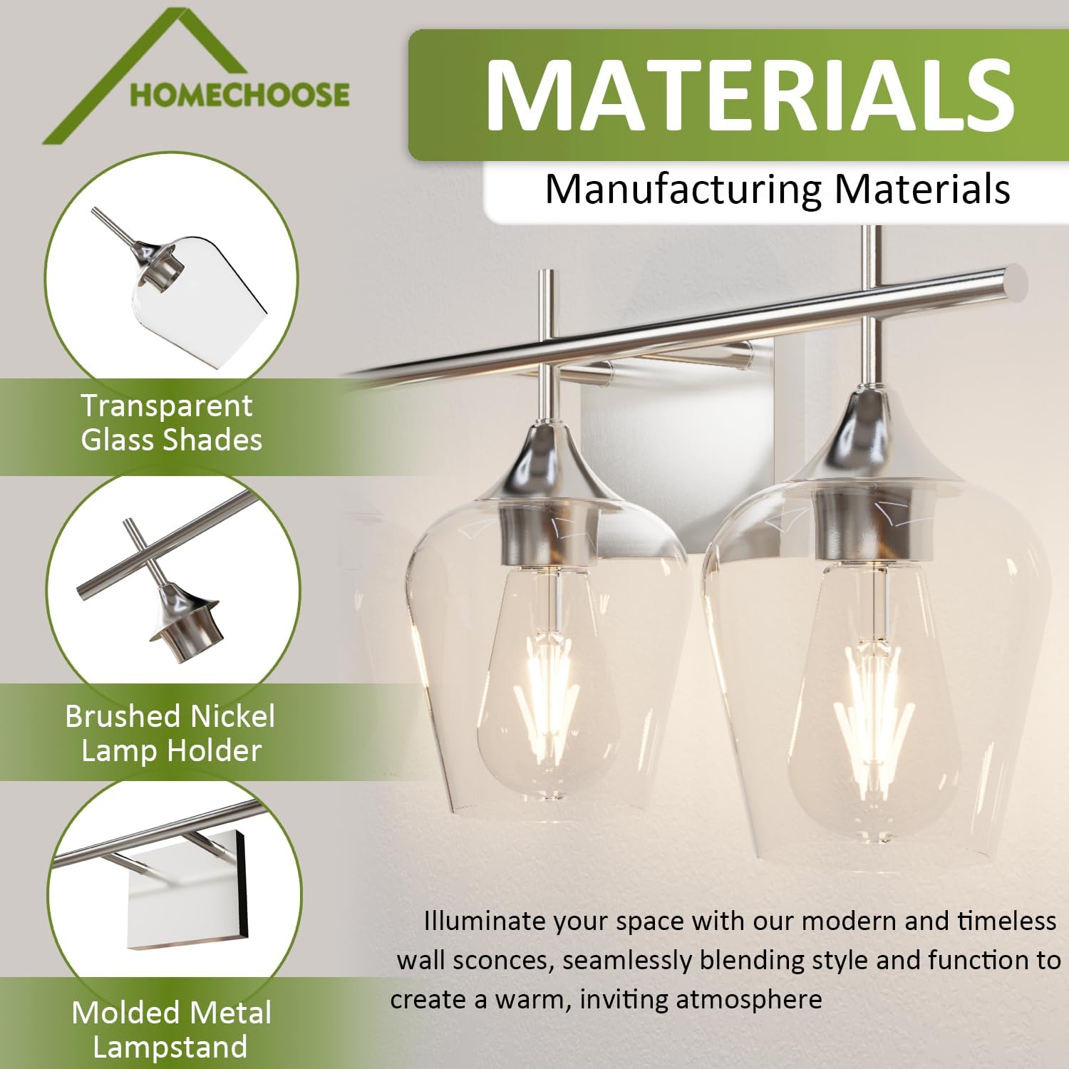 Vanity Bathroom Light, 3-Light Bathroom Light Fixtures Over Mirror, Silver Vanity Lights for Bathroom with Clear Glass, Modern Wall Lamp for Cabinet Hallway, Bedroom