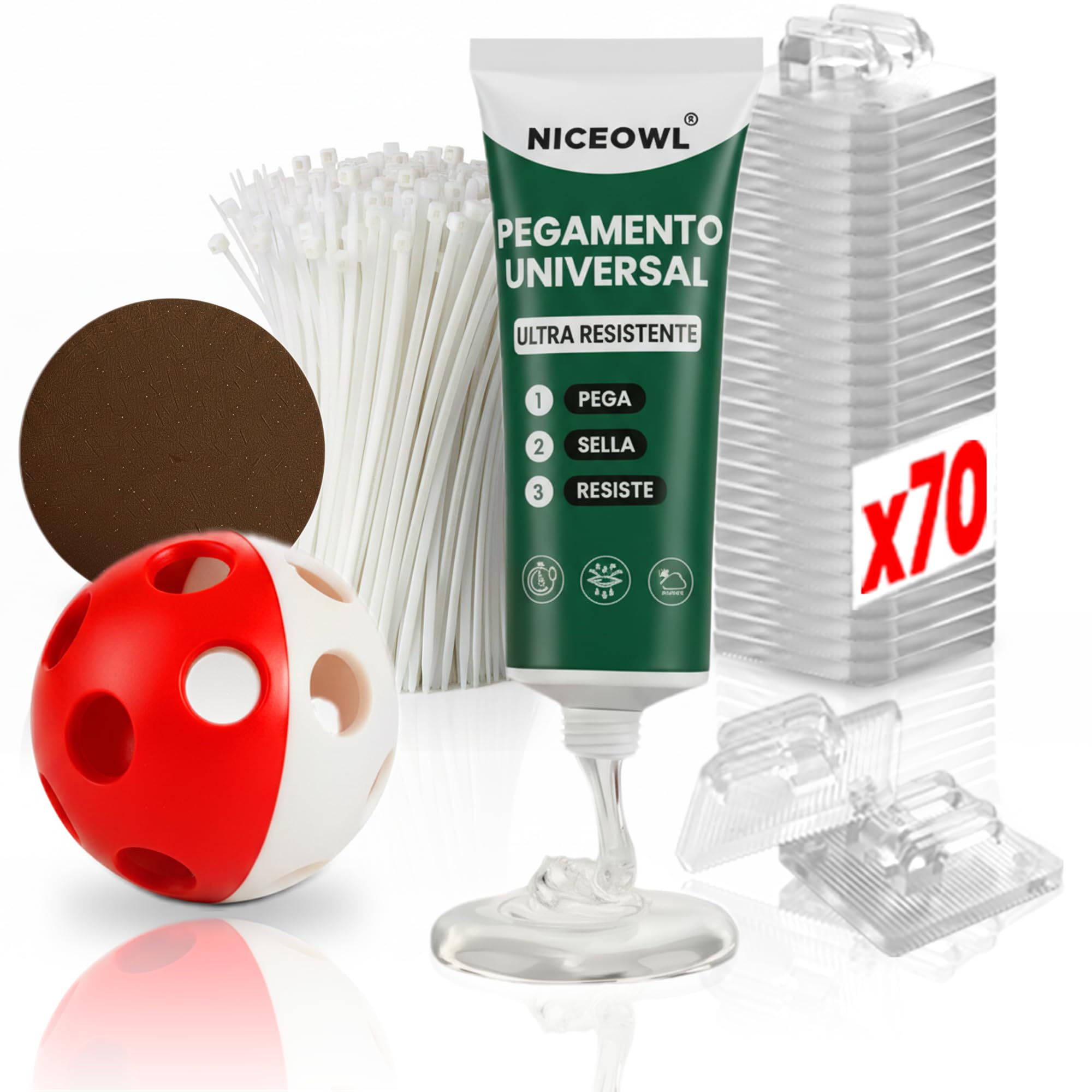 Kit de Fijación Red Sin Taladros | Juguete Gratis | Pack 70 Ganchos Adhesivos + 100ml Pegamento Universal +35 Bridas + Lija | Red para Gatos Terraza | Clips Anti UV | Red Gatos Terraza