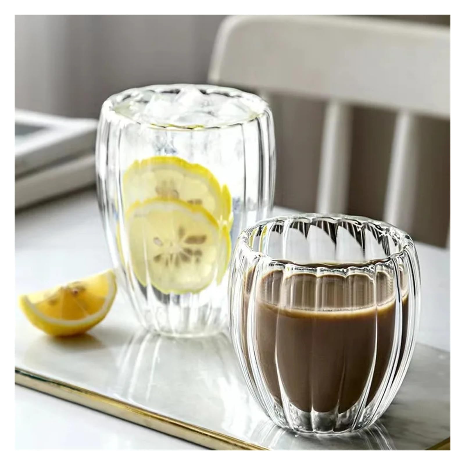 Vasos De Cristal Agua Taza de café de doble pared de vidrio ondulado, taza de desayuno, té, leche, zumo, cerveza, agua, 250/350/450ml(350ML)