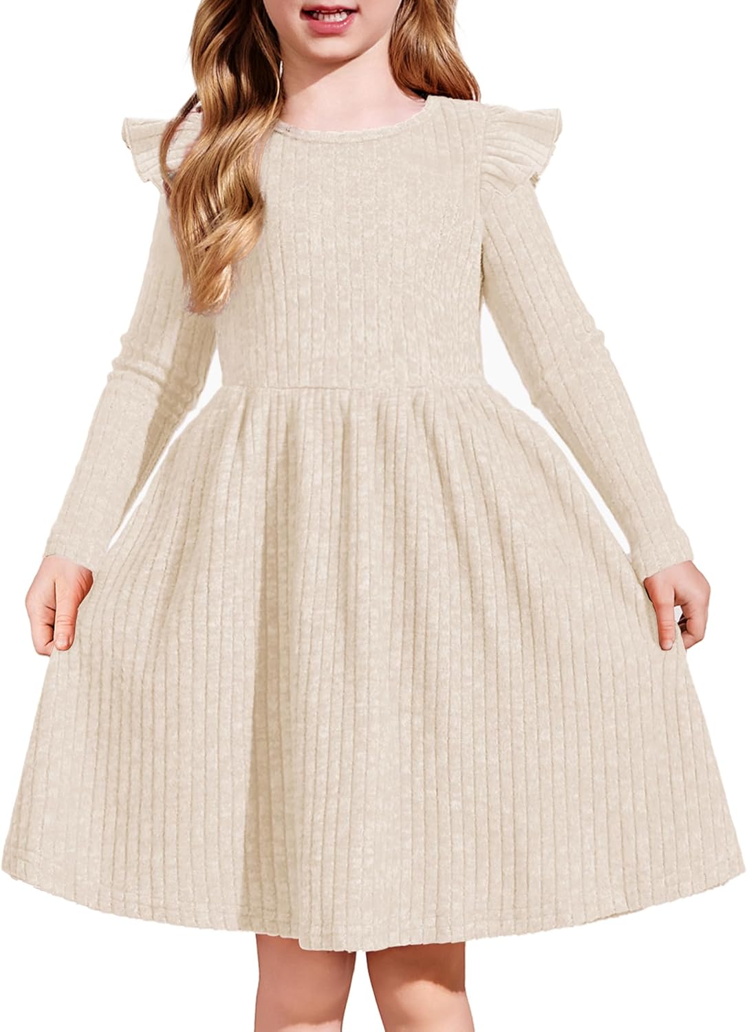 Arshiner Toddler Girl Dress Baby Girls Knitted Ruffle Sleeve Pocket Dresses A-Line Flared Fall Winter Clothes for 2-8 Years