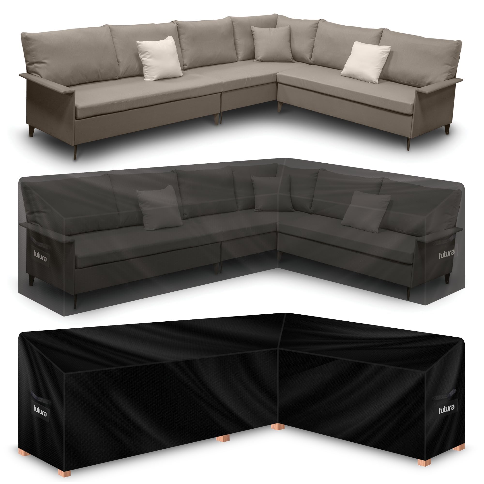 Futura 420D L Shaped Garden Furniture Cover - 222x286x80cm Waterproof Rattan Sofa Shield - Black