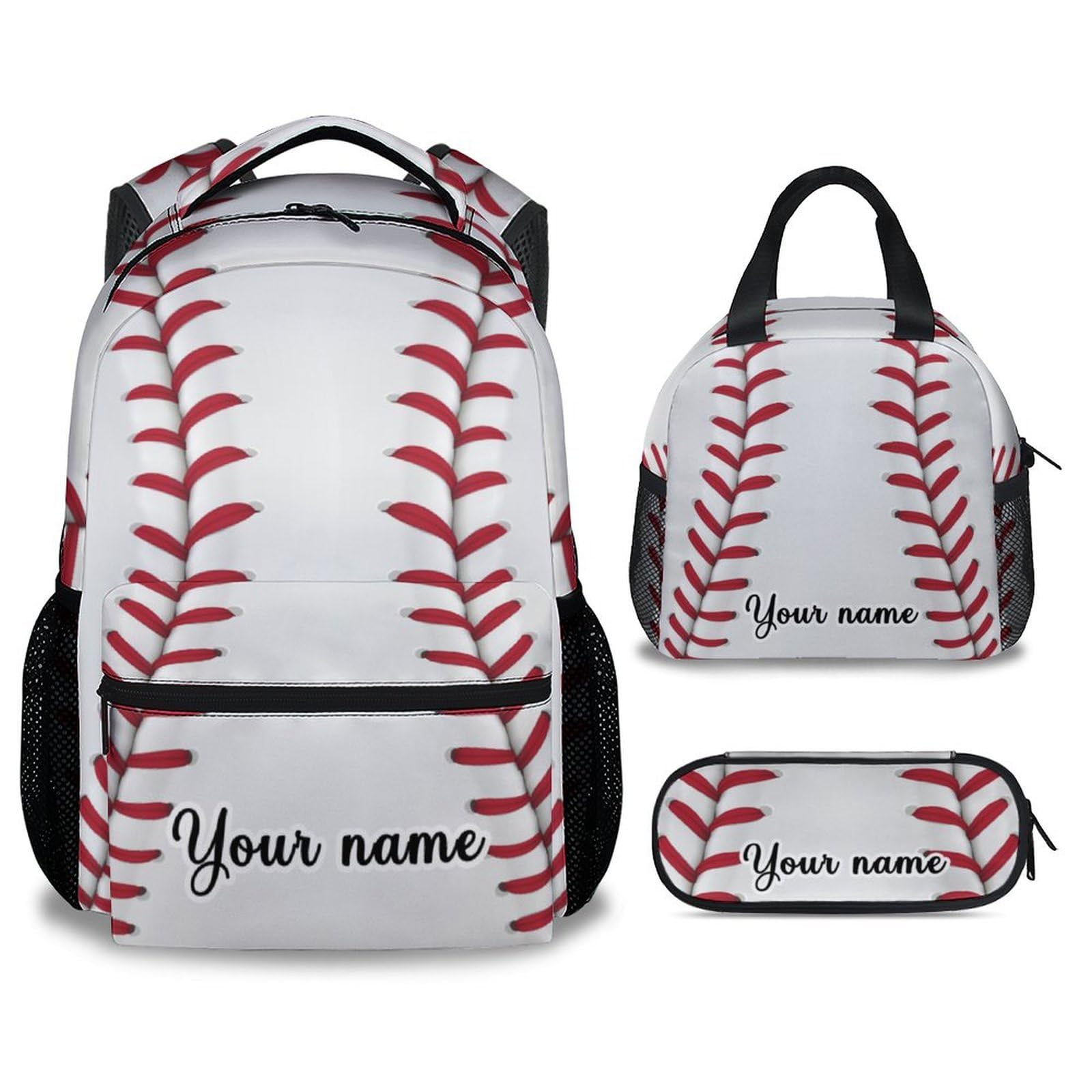COOPASIA Personalized Baseball Backpack with Lunch Box Set for Boys, 3 in 1 School Backpacks Matching Combo, Sports White Bookbag and Pencil Case