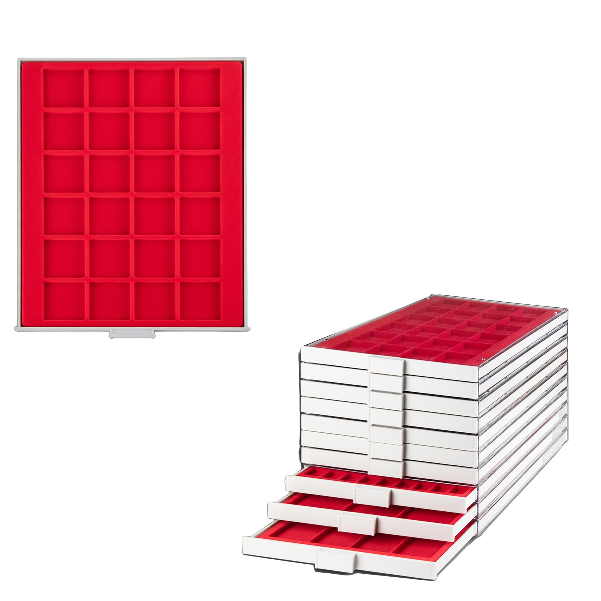 Prophila Caja de Monedas Gris 35 divisiones angulares para Monedas de hasta 36 mm (10 Euro, 10 DM, 5 Rubel), Inserto Rojo