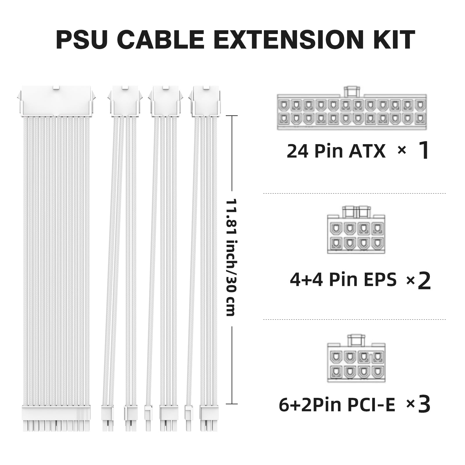 Kit di prolunga per cavo PSU da 16 AWG con pettini per cavi, 1 cavo ATX a 24 pin, 2 x 8 pin (4 + 4), EPS/3 x 8 pin (6+2), cavi manicotti per PC, lunghezza 30 cm, kit di prolunga per alimentazione