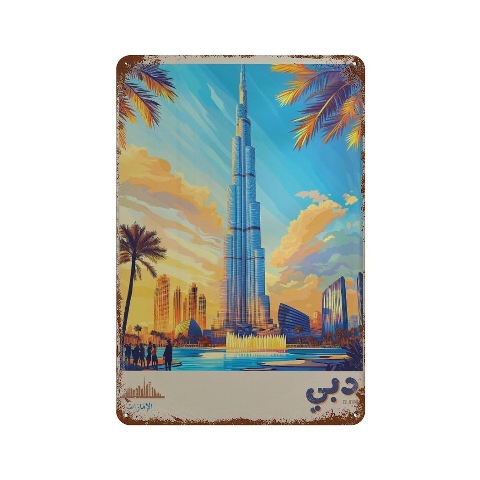 xiaoxiaoshen Dubai Travel Burj Khalifa UAE in Arabic (2) Wall Decor Art Metal Tin Poster Modern Home Decor Art Home Bar Shop Decorations Vintage Sign 30x20cm