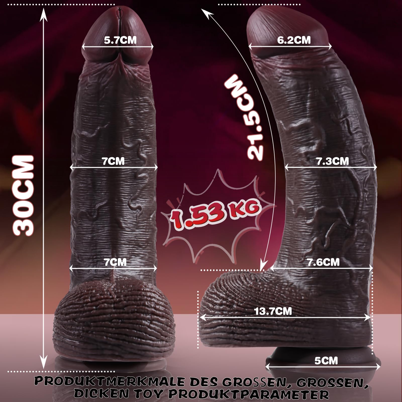 Dildo XXL Spesso 30 × 7,3 cm, Grande Dildo Anale con Asta Curva, vene Vere e Testicoli Sporgenti, Grande Dildos con Ventosa per Giocare a Mani Libere, Enorme Giocattolo Sessuale per Uomini E Donne