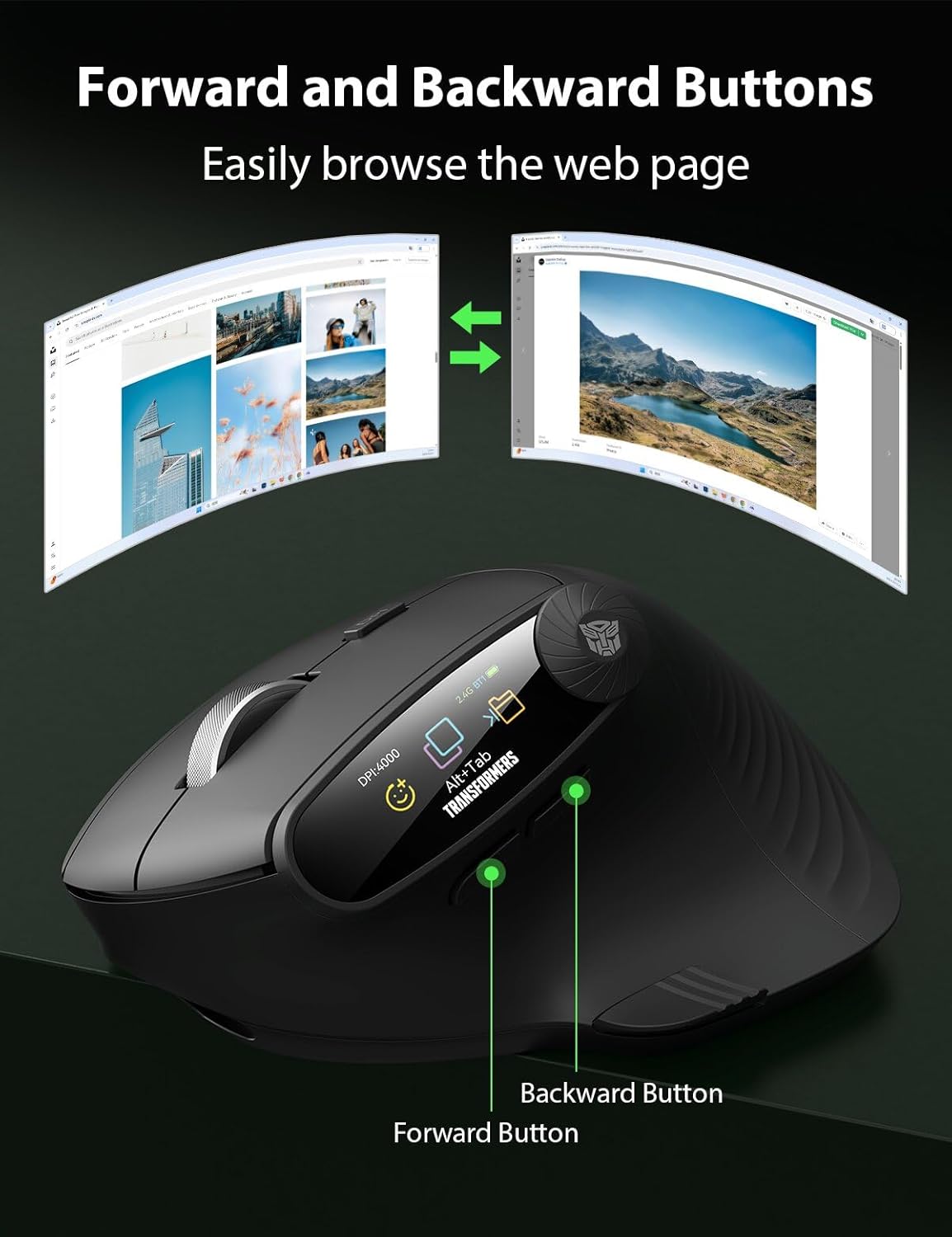 Transformers Vertical Ergonomic Mouse with LED Screen & Knob Control, 3-Device Connectivity (2.4G + Dual Bluetooth), Medium to Large Hands, Rechargeable Wireless Mouse for PC/Mac/Laptop, Black