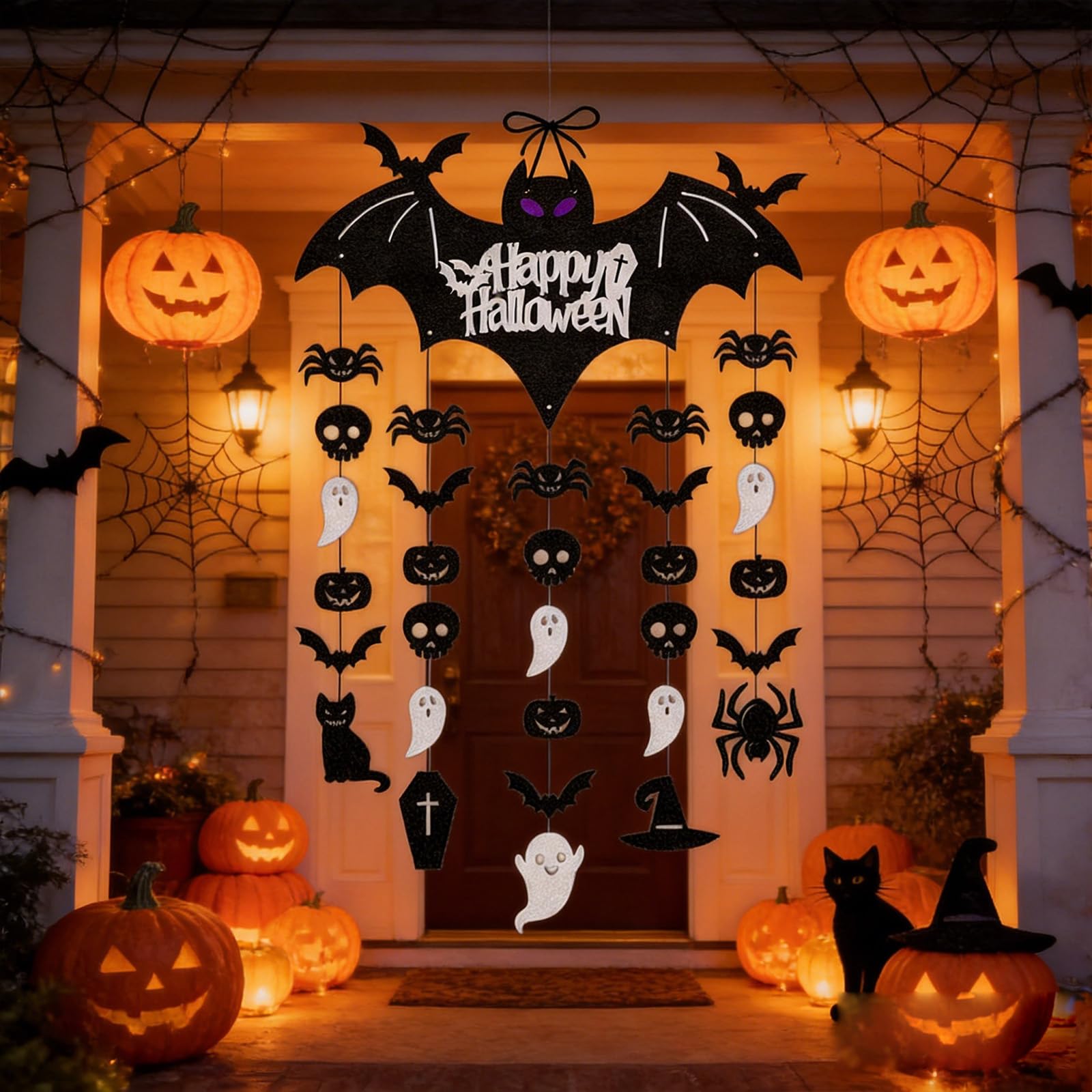 Zbello Halloween Happy Bat Felt Door Hanging Sign, Vertical Hanging Decor With Spider, Skull, Ghost, Pumpkin, Black Cat (A,)