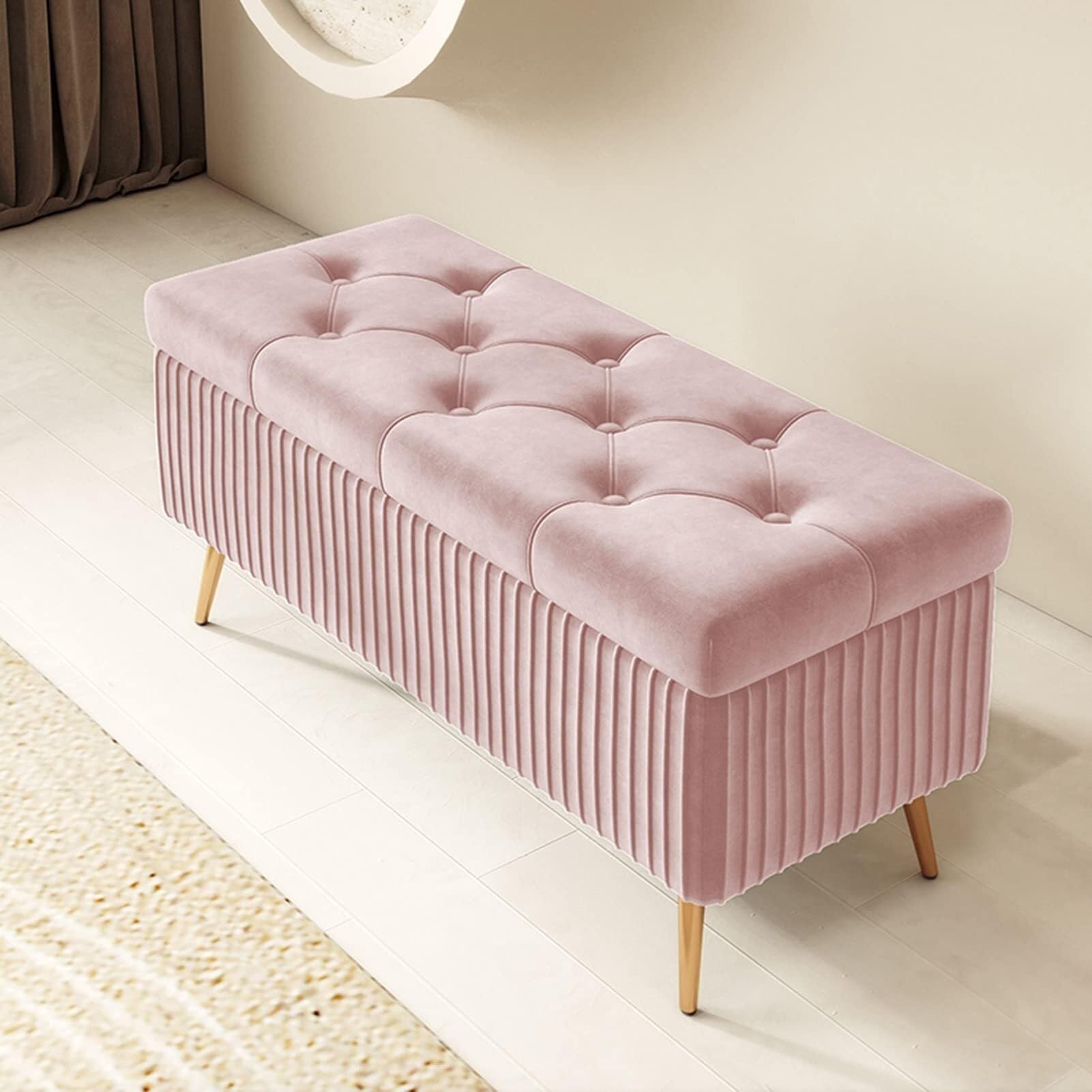 LMMIAOZ 2-in-1 Upholstered Footrest & Shoe Bench with Elastic Foam, Metal Legs - Large Storage Ottoman for Bedside, Stylish Footstool with Hidden Storage, Color 1