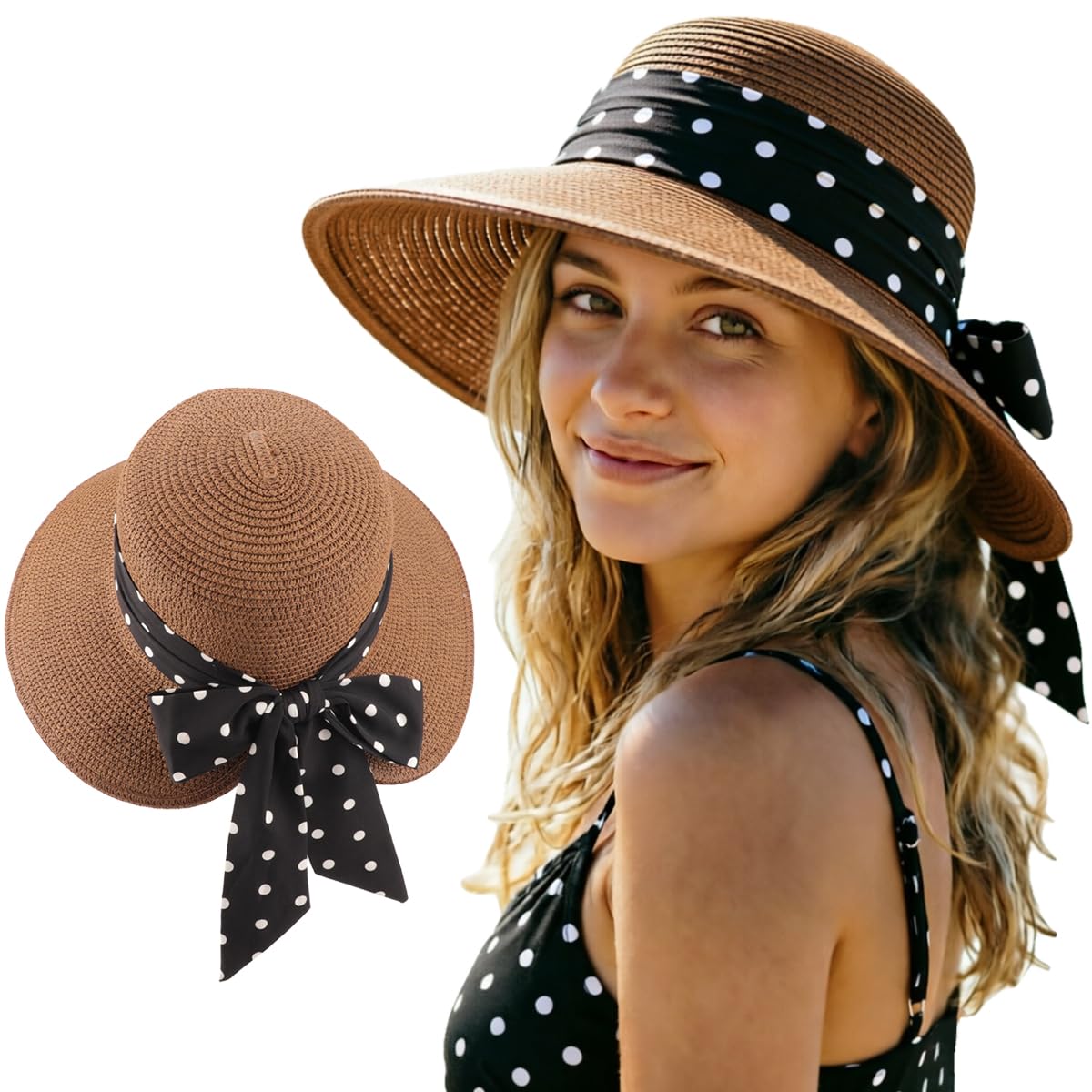 AQOKKA Chapeau de soleil en paille à large bord avec nœud papillon pour femme - Chapeau de plage pliable pour l'été - UPF 50+