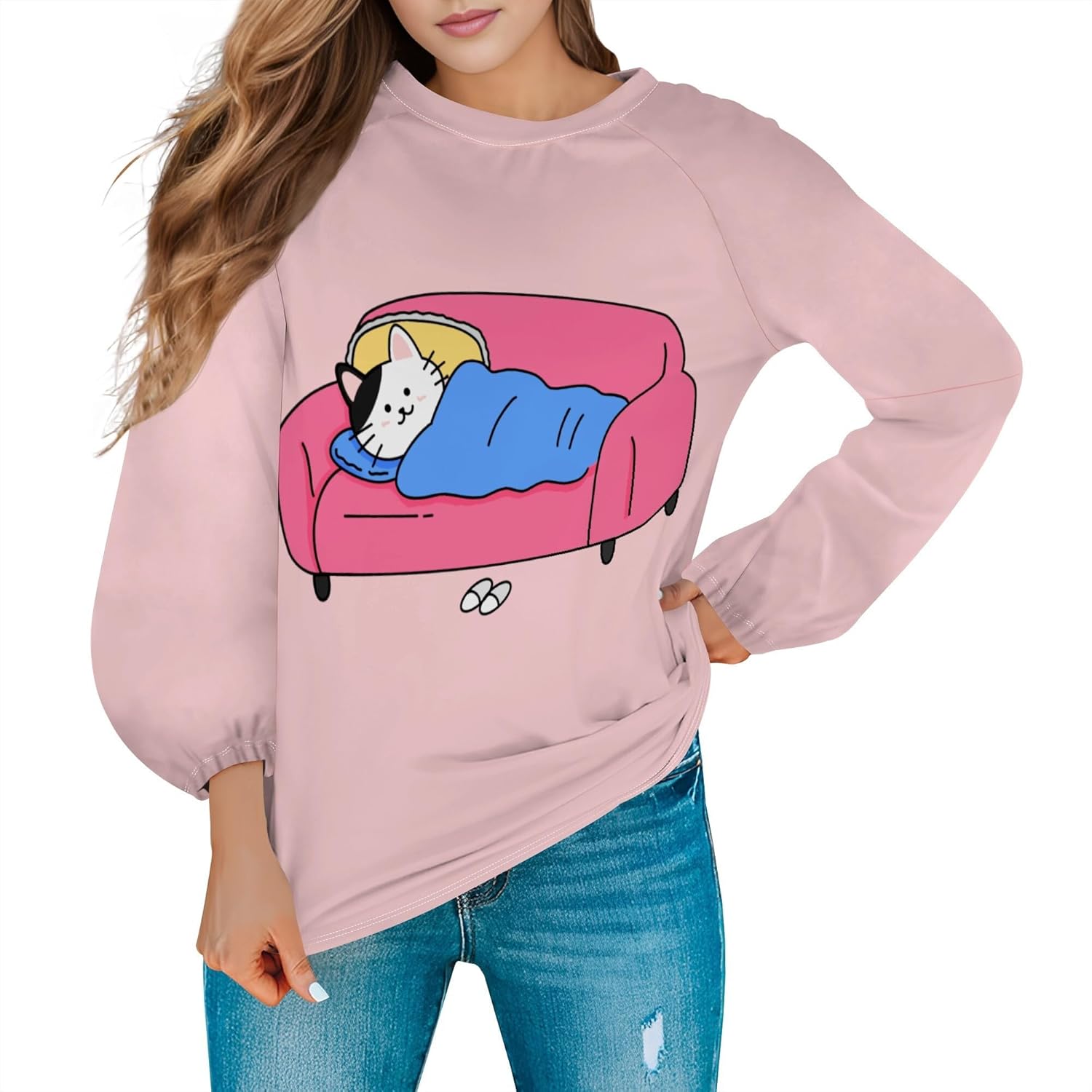 Womens Pullover Sweatshirts Lightweight Crewneck Sweatshirt Cute Animal Graphic Long Sleeve Pullover Trendy Outfits