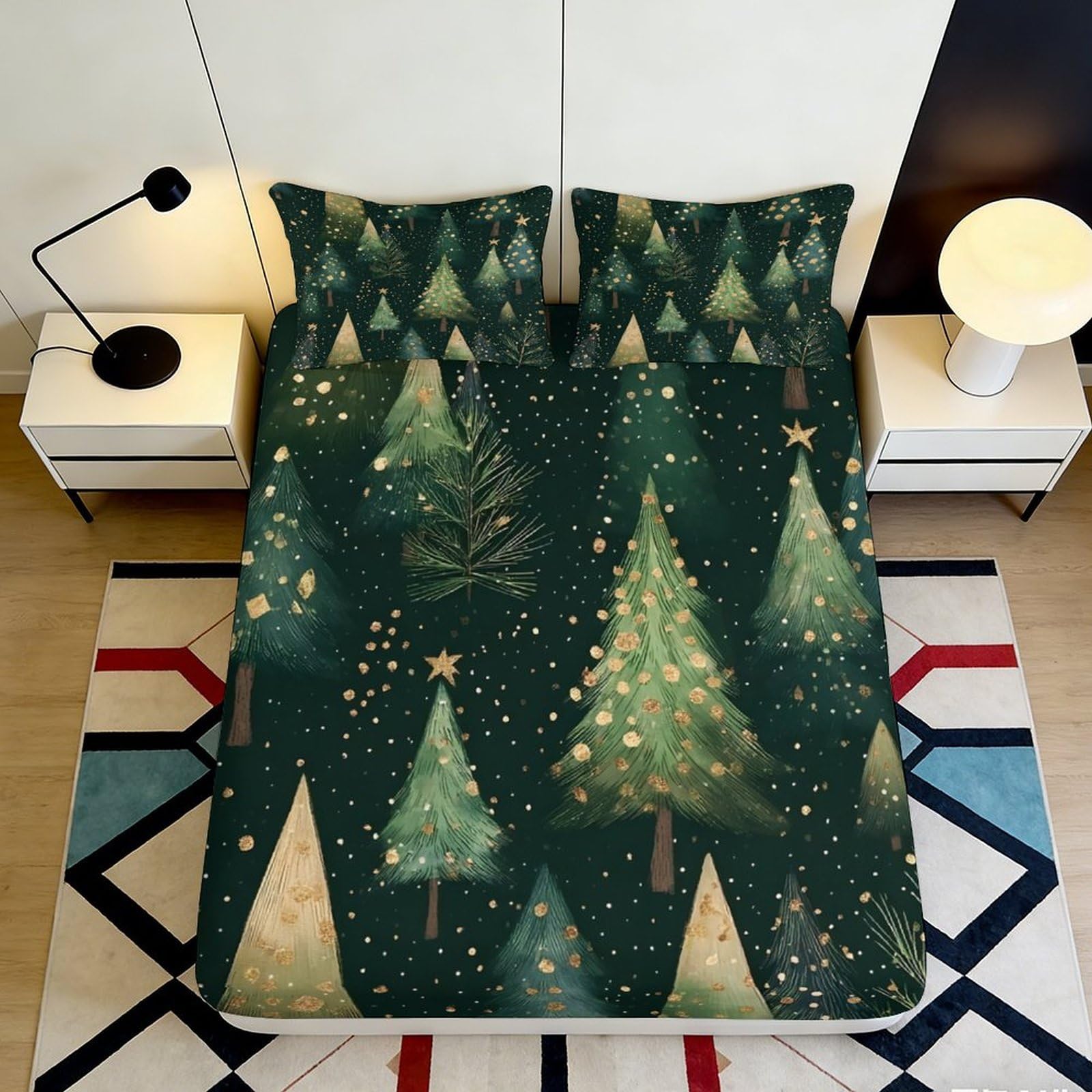 3D Printed Christmas Pine Fitted Sheet Microfiber Forest Tree Mattress Cover for Bedroom Guestroom Decor Easy Care 90x200x25cm