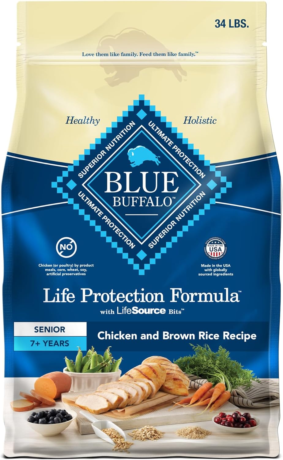Blue Buffalo Life Protection Formula Senior Dry Dog Food, Supports Joint Health and Mobility, Made with Natural Ingredients, Chicken &amp; Brown Rice Recipe, 34-lb. Bag