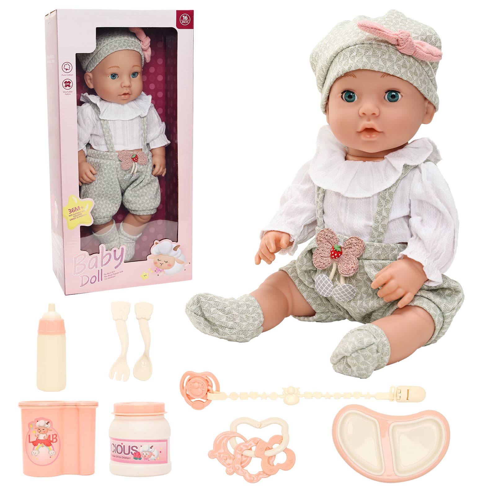 Miunana Lalka niemowlęca 40 cm, urocza lalka w słodkim ubraniu dla lalek, śliczny strój, skarpetki, bez włosów, 40 cm, lalki ze smoczkiem, sztućcami, zabawką, akcesoria dla dzieci od 3 lat