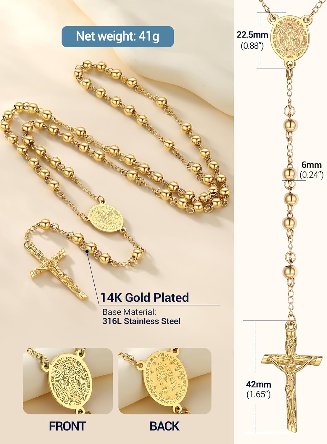PROSTEEL Gold Virgin Mary Rosary Beads Necklace for Women, Stainless Steel Tarnish-Resistant Catholic Prayer Y-Necklace with Crucifix Cross, Gift Box & Prayer Card Included - Image 5