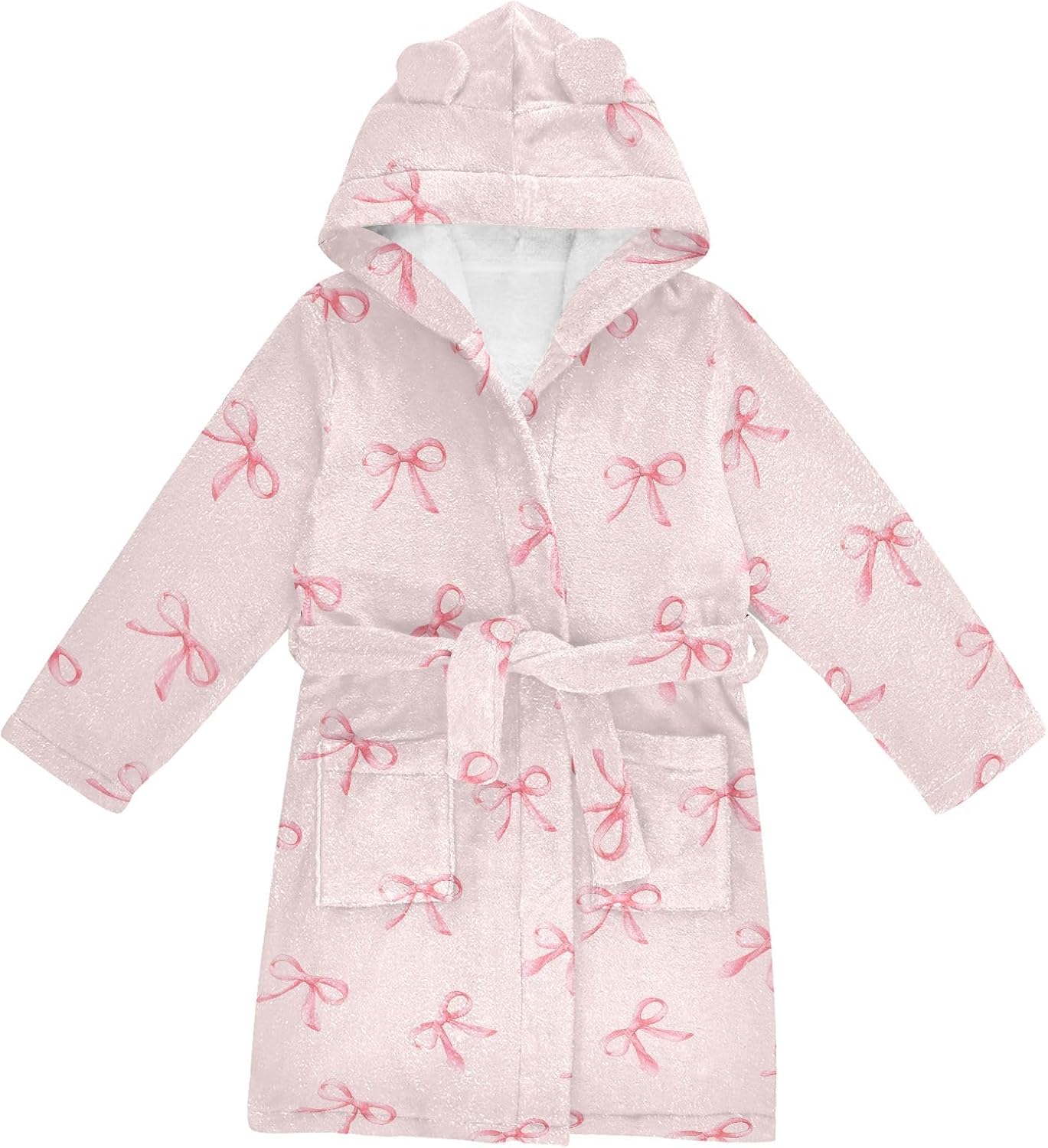Cute Pink Bows Toddler Hooded Bathrobe for Boys Girls Soft Plush Bath Towel Robe 2-12 Years