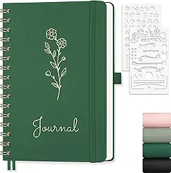 EMSHOI Caderno pontilhado espiral A5, diário de capa dura de couro PU de 14,5 x 21 cm, 140 páginas, papel quadriculado de pontos 100 GSM para diário de balas, trabalho e anotações – verde escuro