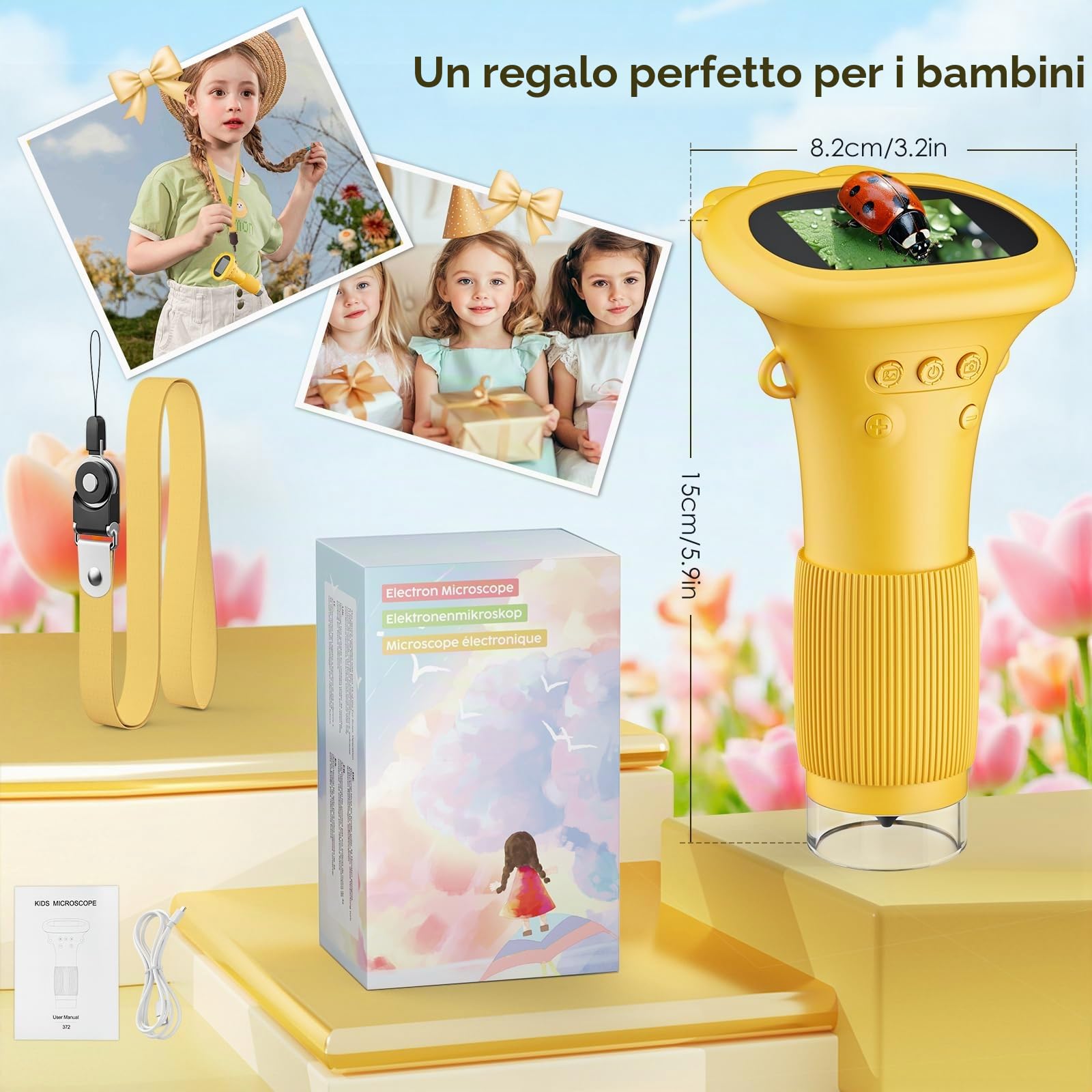 Mini microscopio per bambini, con zoom 1000x, tascabile/portatile, con schermo IPS da 2,0", USB, LED, porta per PC, per esterni, per bambini dai 3 anni in su