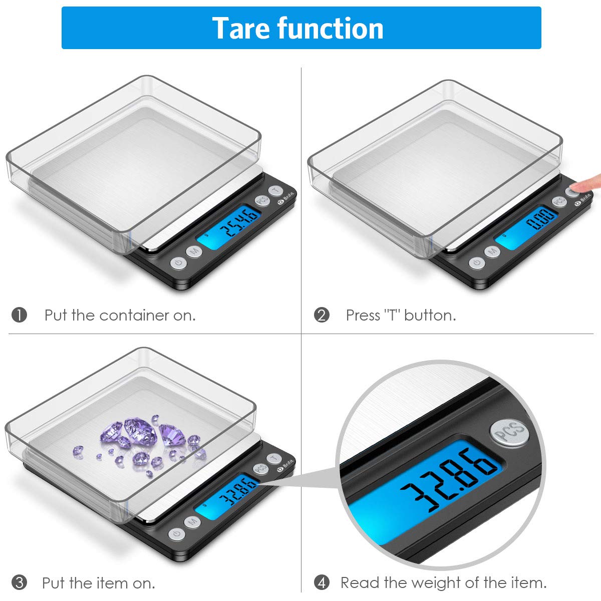 Brifit Bilancia di precisione, 500 g/0,01 g, bilancia da cucina, con funzione tara e conto, schermo LCD retroilluminato, 100 g di peso di calibrazione (acciaio inossidabile, nero)