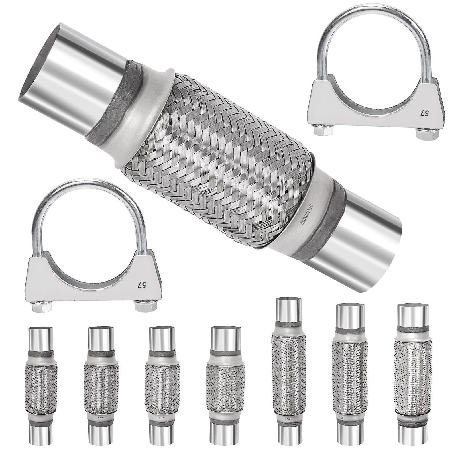 Swpeet 3Pcs 2.2 x 6 Inches Exhaust Flex Pipe with 2.2 Inches Exhaust U Clamp Kit, Universal Type Stainless Steel Double Braid Portion Zinc Pipes