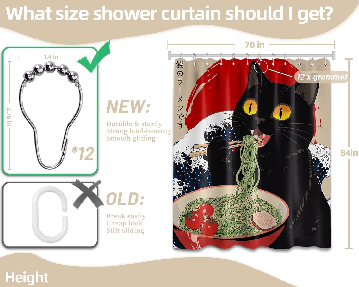 Funny Cat Shower Curtain Cool Japanese Anime Shower Curtains for Bathroom Decor Sets, Waterproof Cloth Fabric with Hooks 72x84 Inch