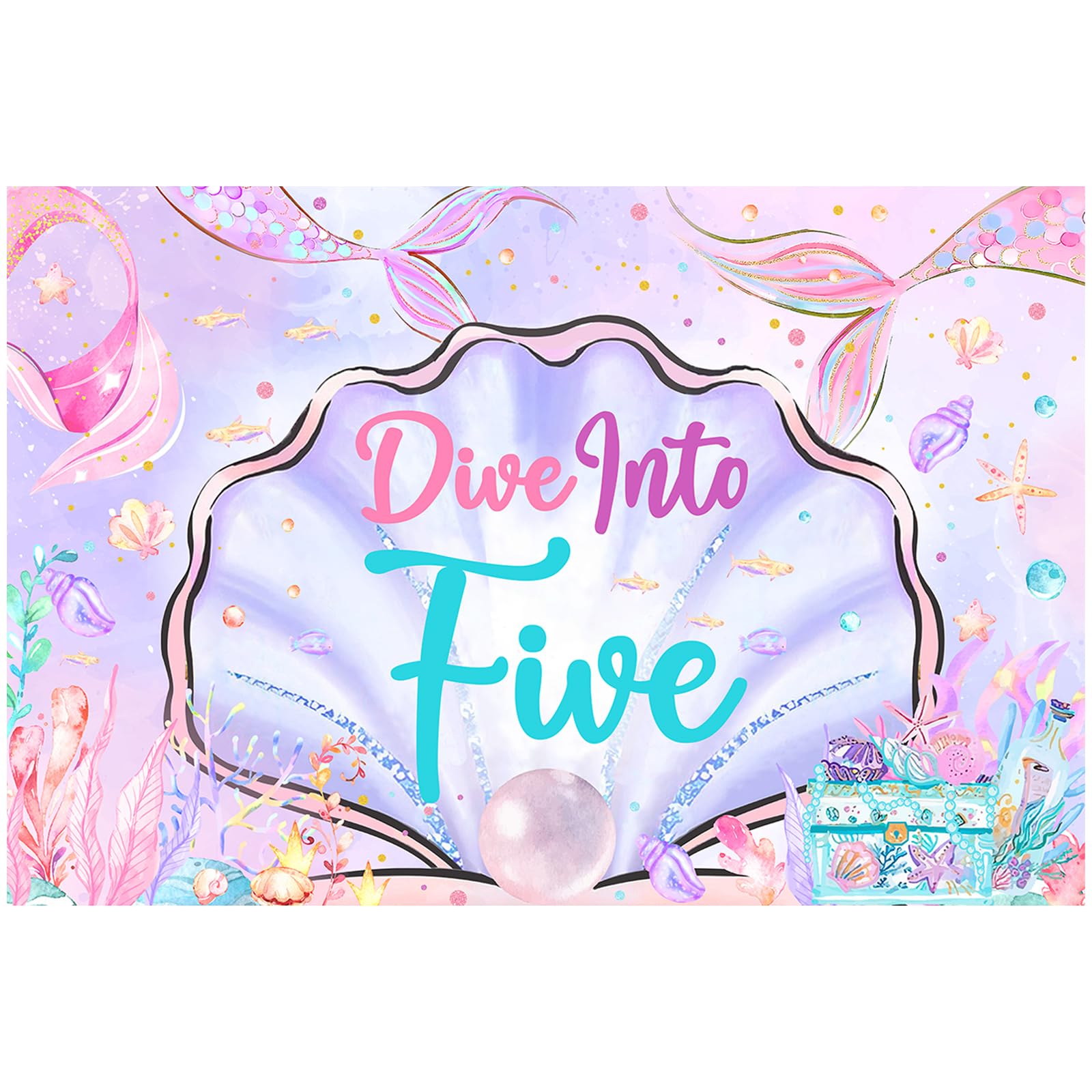 Sursurprise Mermaid 5th Birthday Decorations, 5x3ft Dive Into Five Backdrop Mermaid Banner Under The Sea Photography Background Photo Booth Studio,