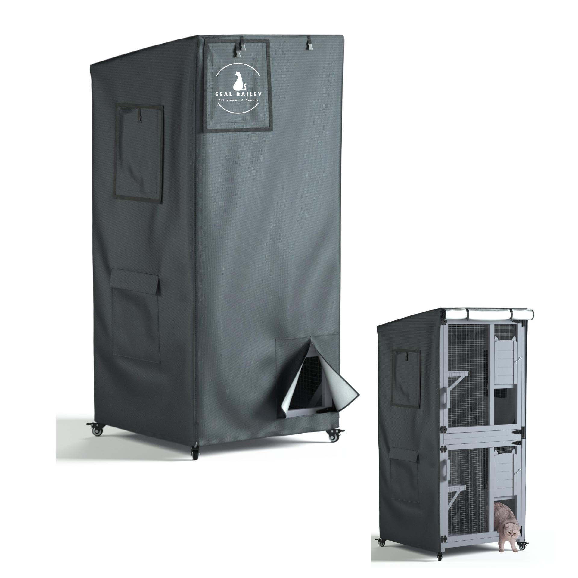Outdoor Cat House Cover, Dust Protection Covers for Catteries and Enclosures, 600D Heavy Duty Rain Sheet with Visible Window, 100% Waterproof, 32x32x71 inch,Cover only,Gray