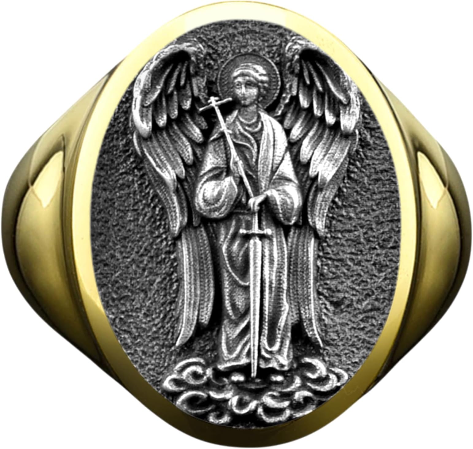 TheRollerStone - St Raphael The Archangel Silver Men Ring, Gold Plated Silver Protection Ring with Saint Rphael, Christian Religious Jewelry Gİft for Family