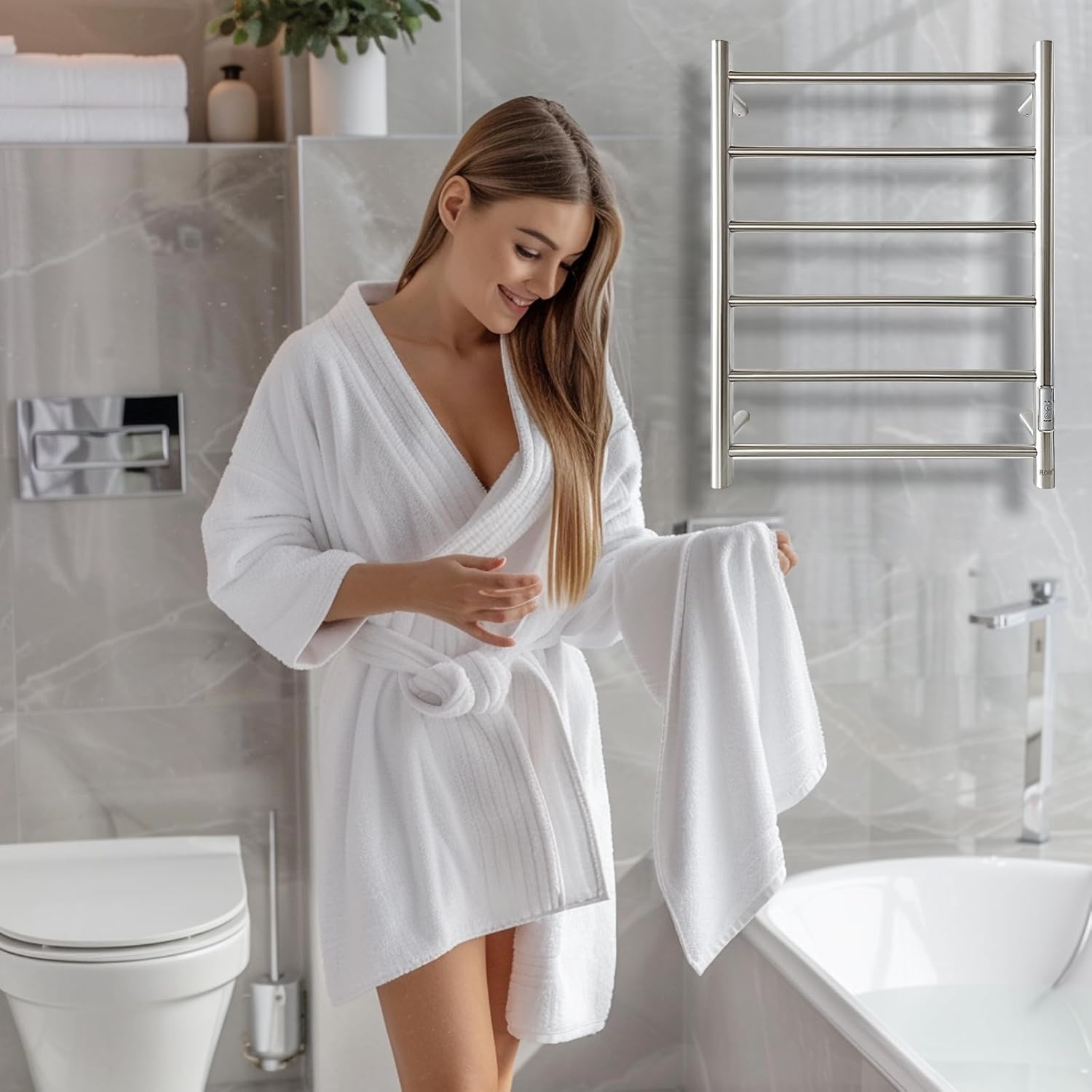 R FLORY 6 Bars Towel Warmer for Bathroom, Wall Mounted Electric Heated Towel Rack with Timer, Plug-in/Hardwired Stainless Steel Towel Heater, Brushed Nickel