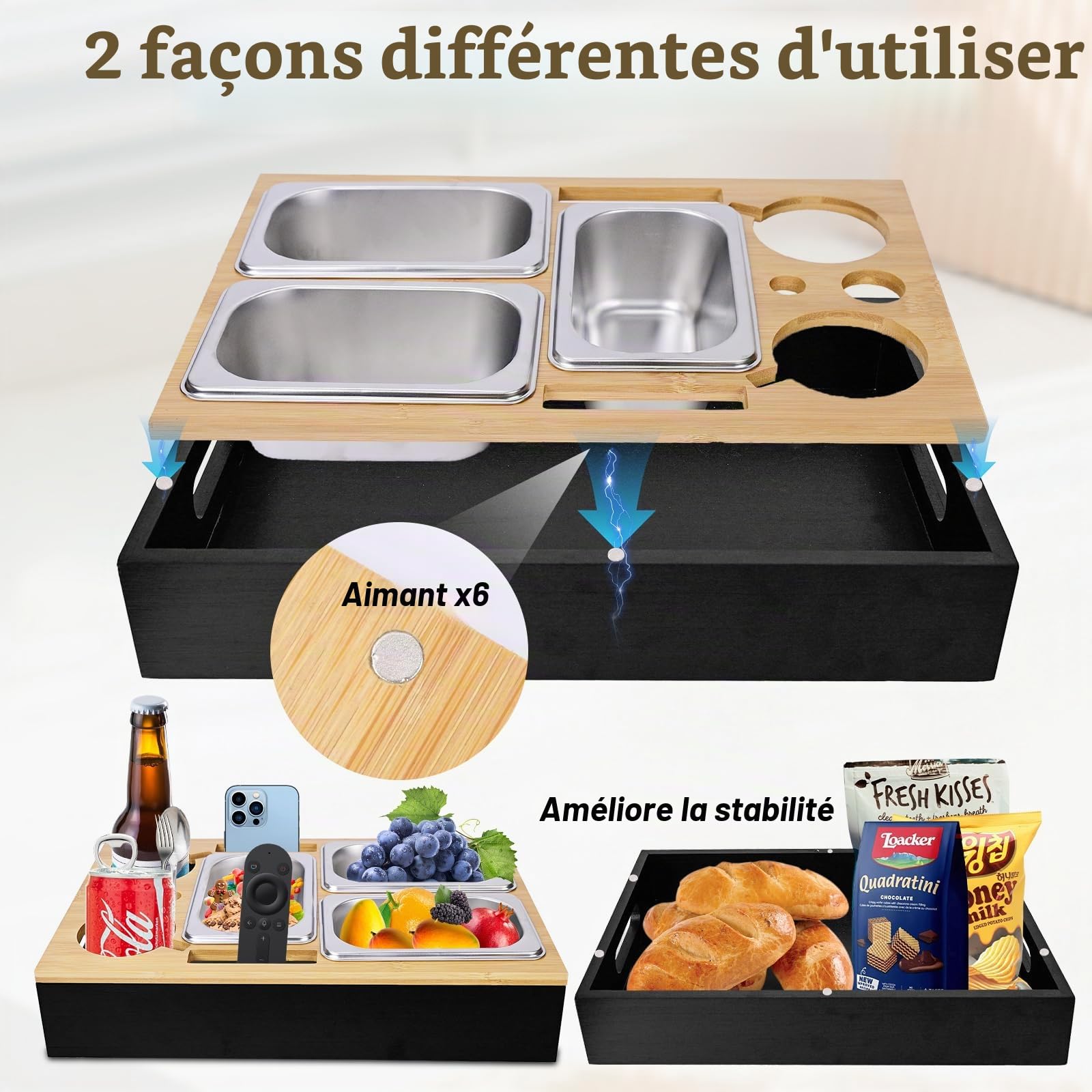 Plateau Canapé De Collation,Cadeau Homme,Plateau De Canapé Pratique avec Bols à Collation,avec Couvercle Amovible, Bol à Collation et Porte-Verre à Vin, Bar avec Porte-Gobelets, BoîTe à GoûTer
