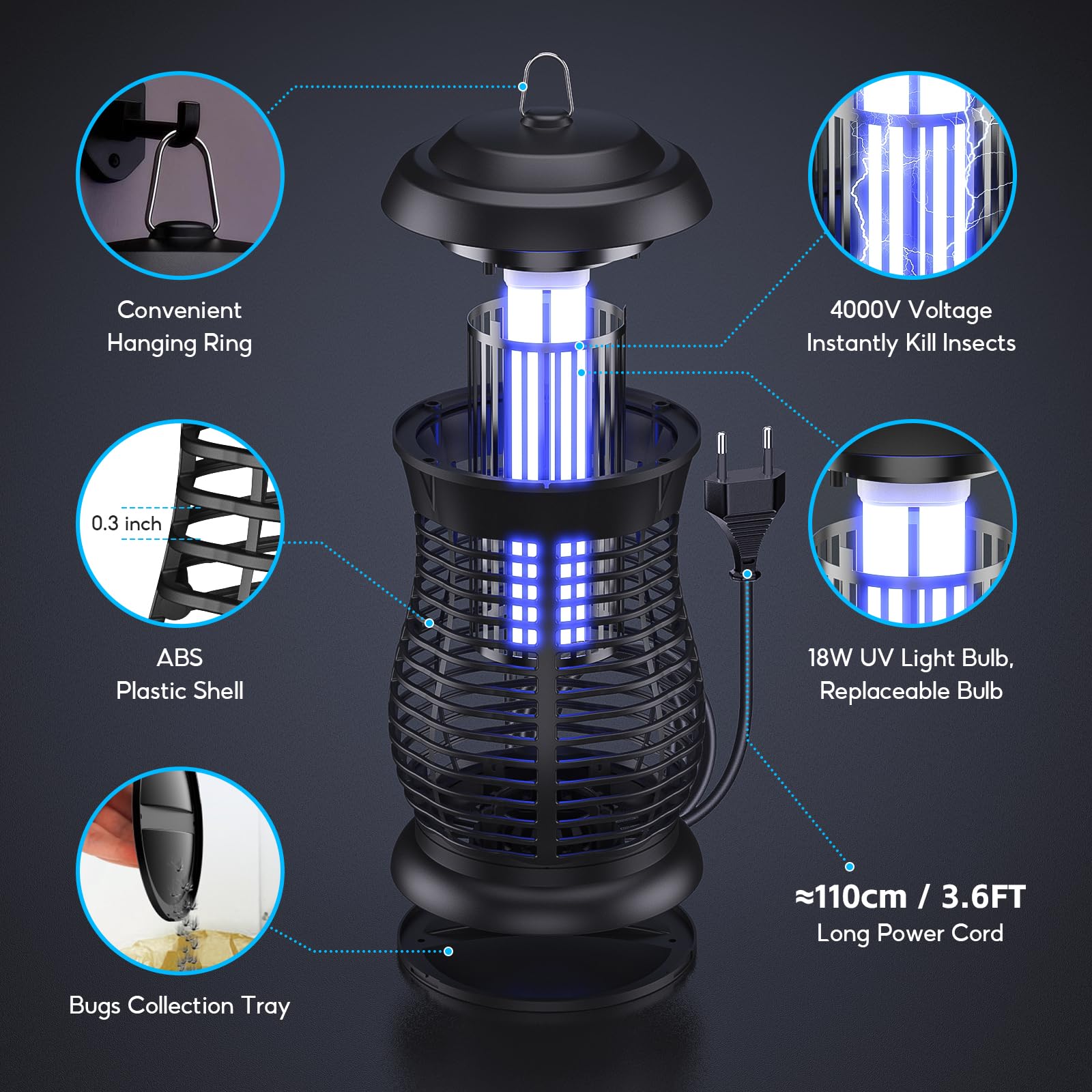 Lampada Antizanzare Elettrica, 18W 4000V Electric Zapper, IPX4 Impermeabile, UV Zanzariera con Spazzola Di Pulizia Adatto a Patio Giardino Cucina Casa