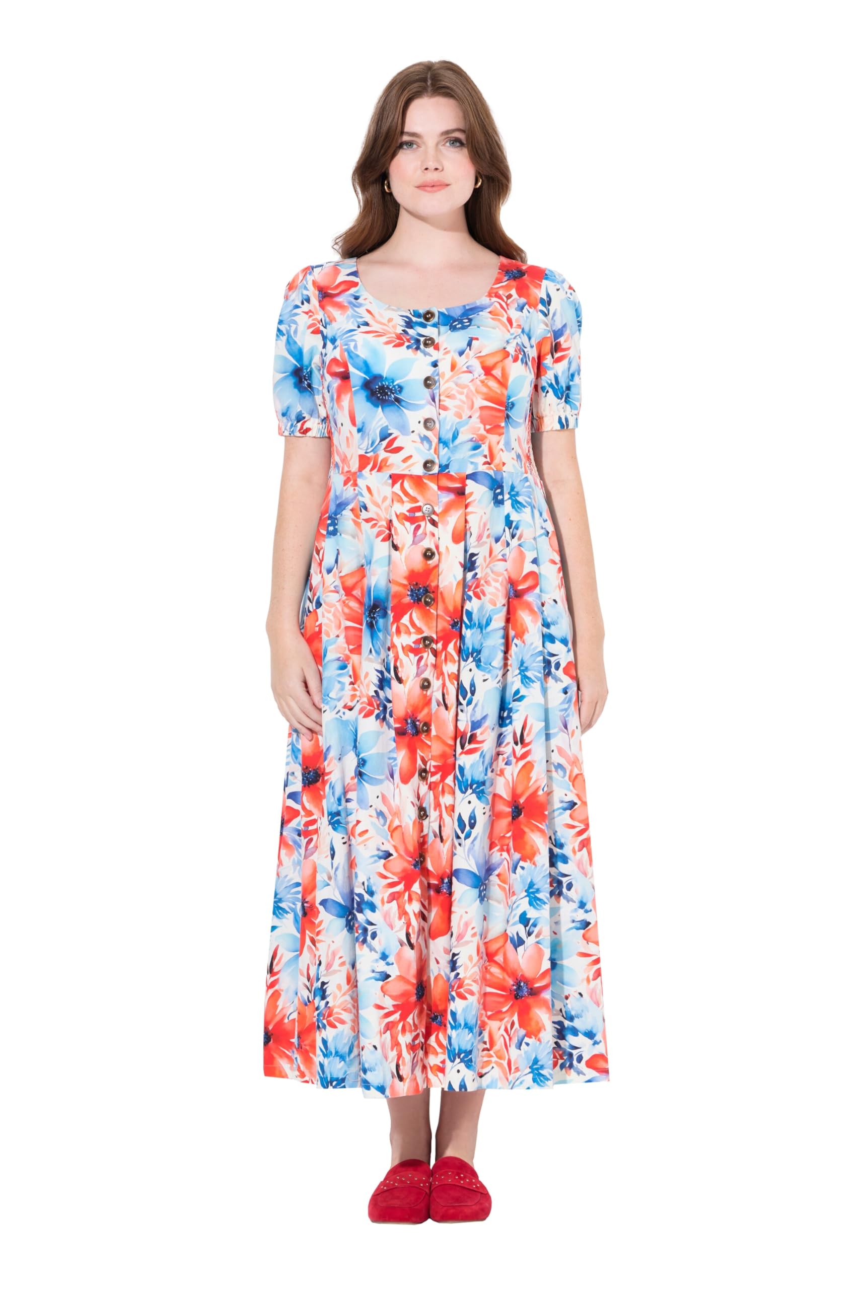 Ulla Popken Damen große Größen Übergrößen Plus Size Maxikleid, Smokeinsätze, Rundhals, Halbarm, Leinenmix 837420