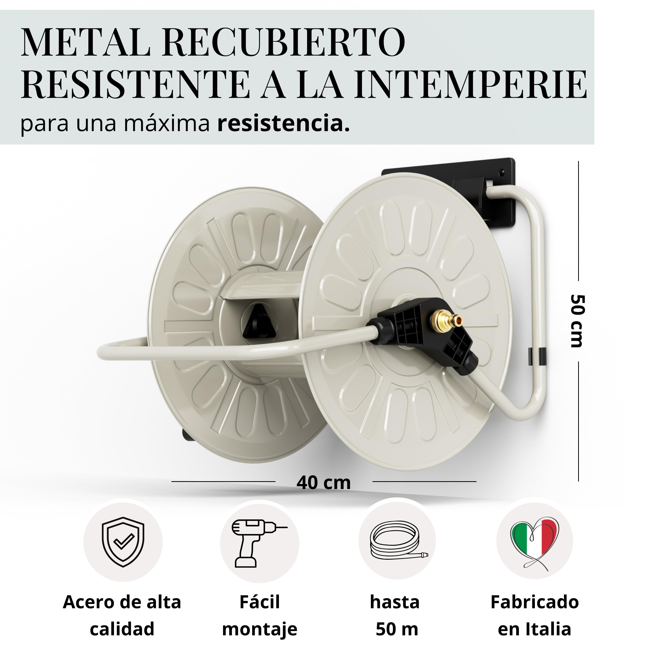 Livlig53 LIVLIG - Carrete de manguera de metal con recubrimiento en polvo, fabricado en Italia, soporte para manguera de jardín de hasta 50 m, montaje en pared y suelo, Greige